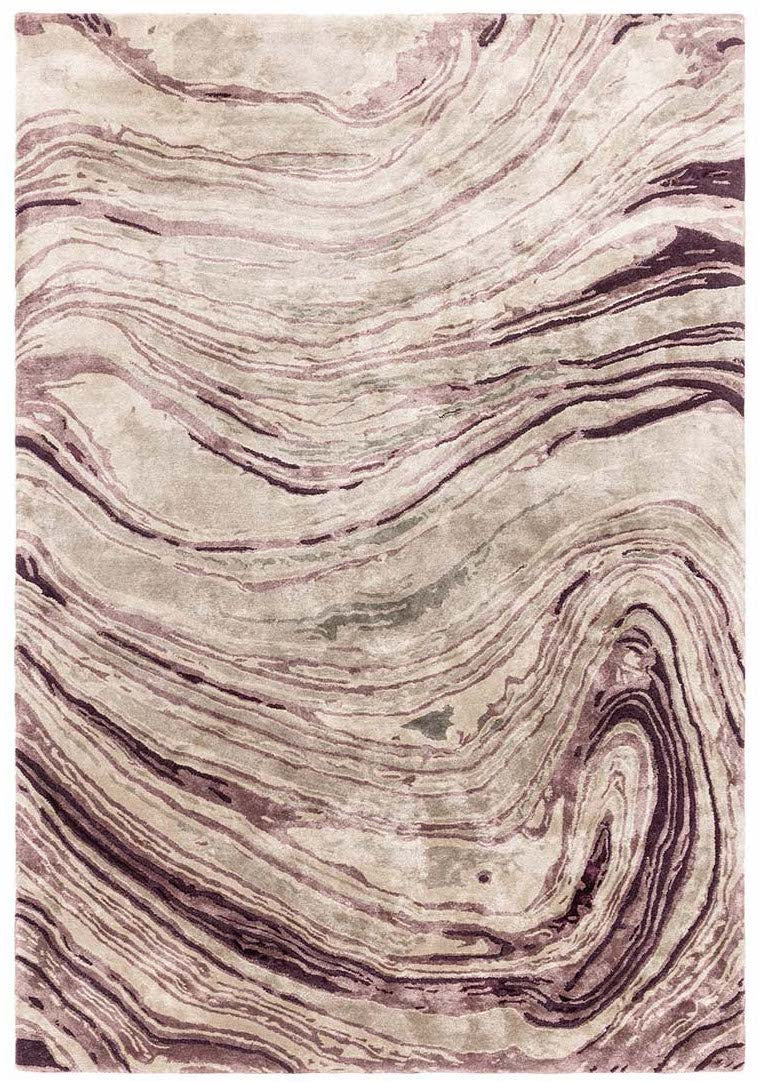 shiny purple and beige handtufted abstract rug in a marble design