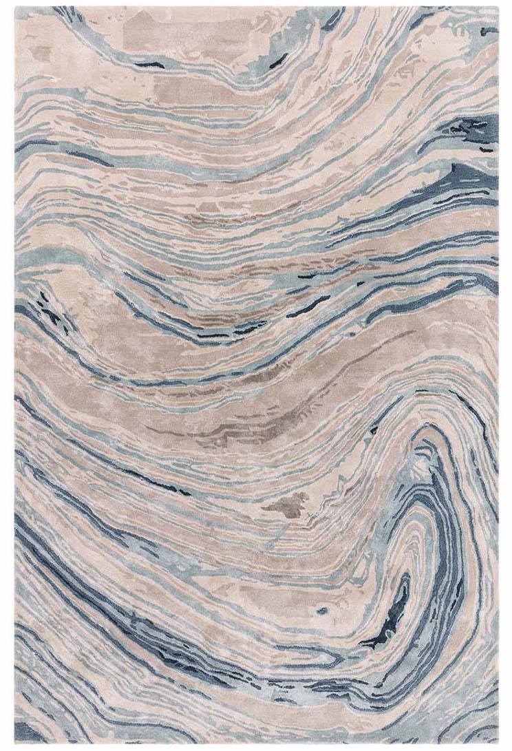 shiny pastel blue handtufted abstract rug in a marble design