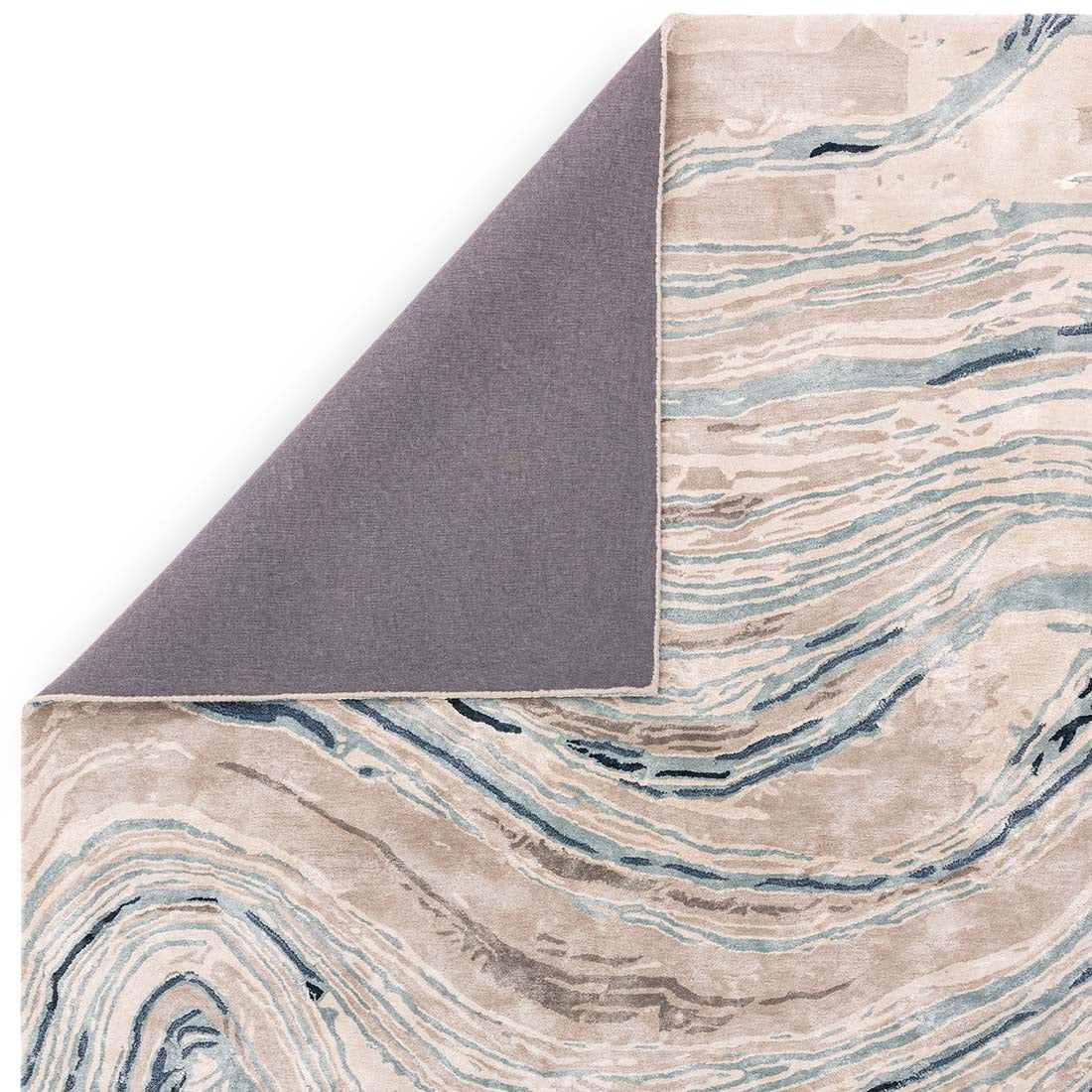 shiny pastel blue handtufted abstract rug in a marble design