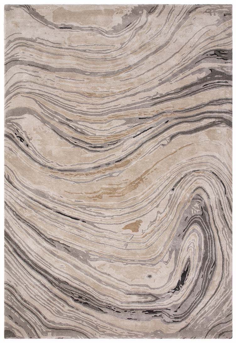shiny soft gold and beige handtufted abstract rug in a marble design