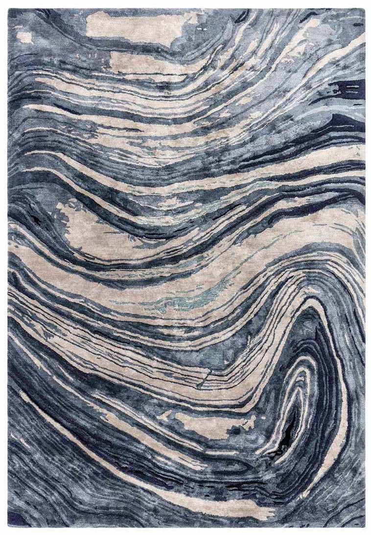 shiny blue and beige handtufted abstract rug in a marble design