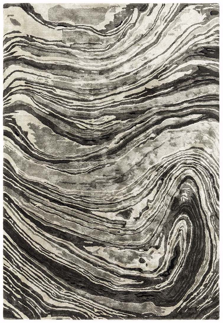 black and beige handtufted abstract rug in a marble design