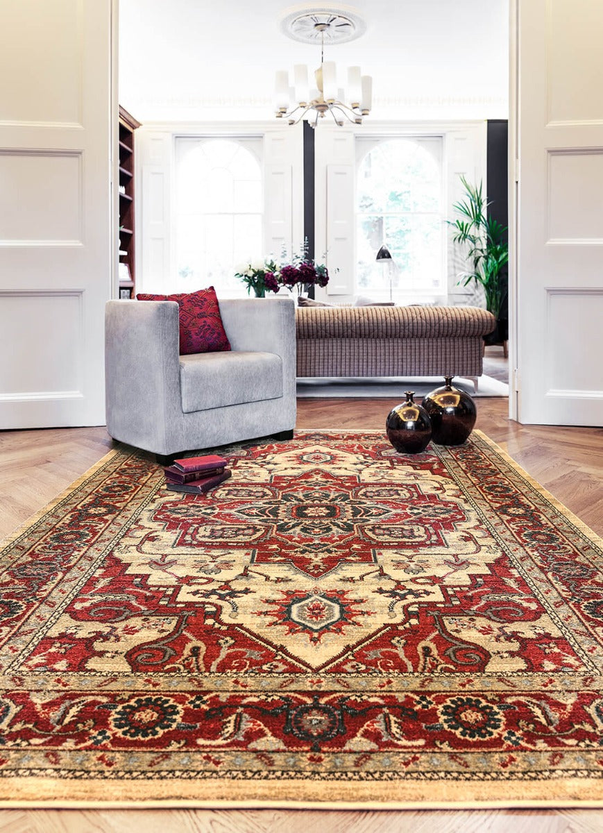 red and beige rug with a persian design