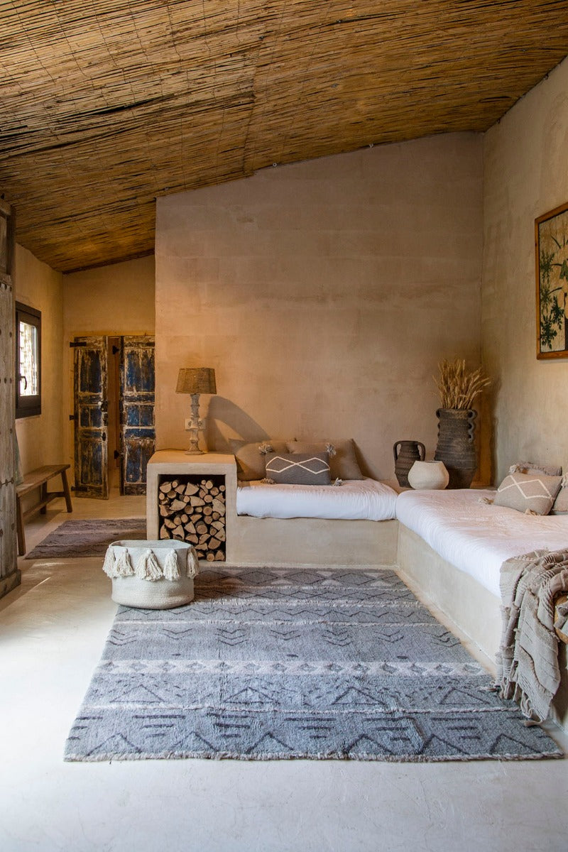 lorena canals washable wool rug with a simple moroccan beni design in blue