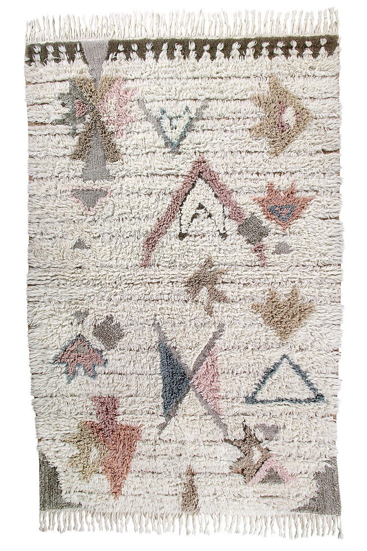 bohemian lorena canals woolable rug with a simple tribal geometric design in blue, pink and beige