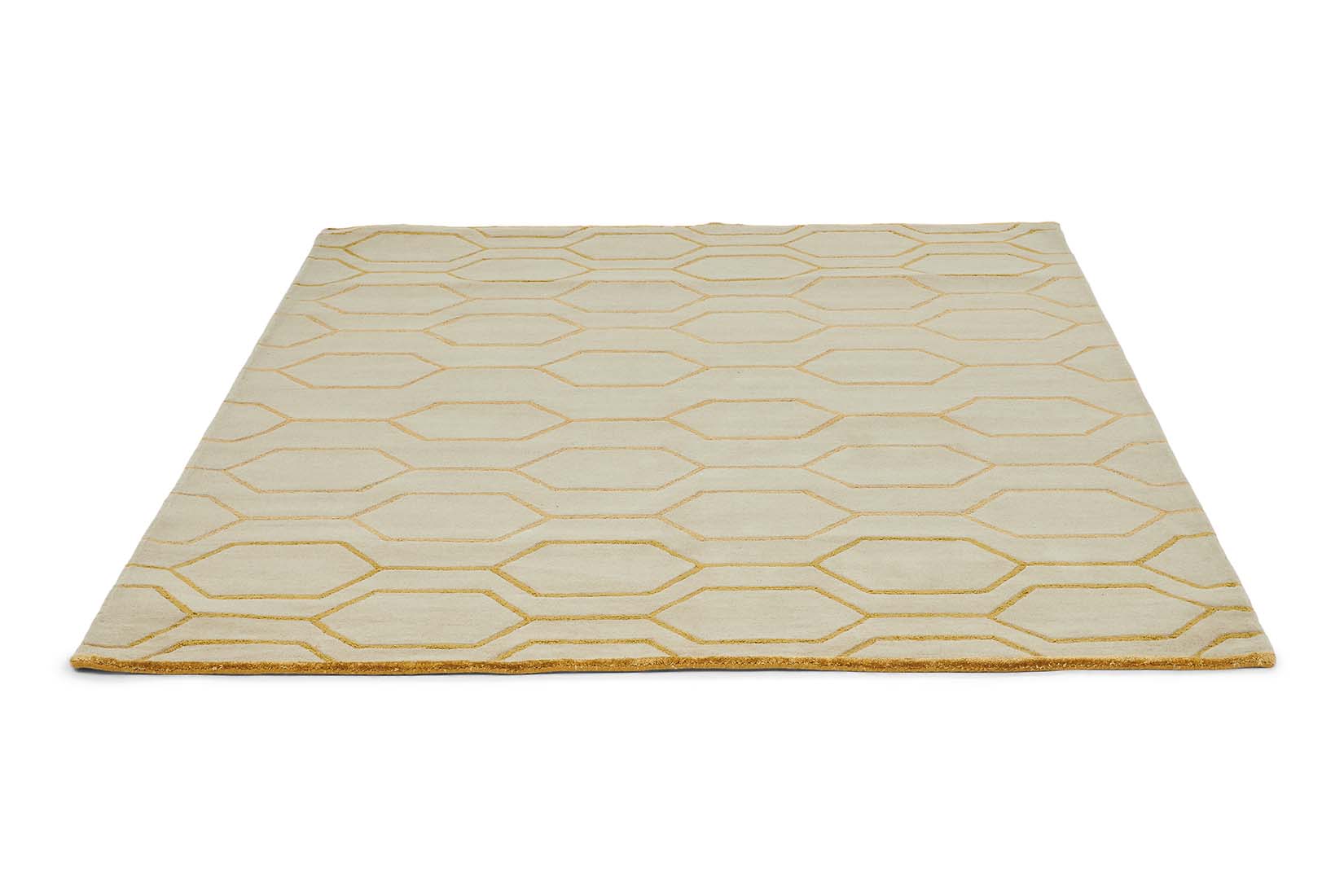 Rectangular grey rug with repeat gold hexagon pattern