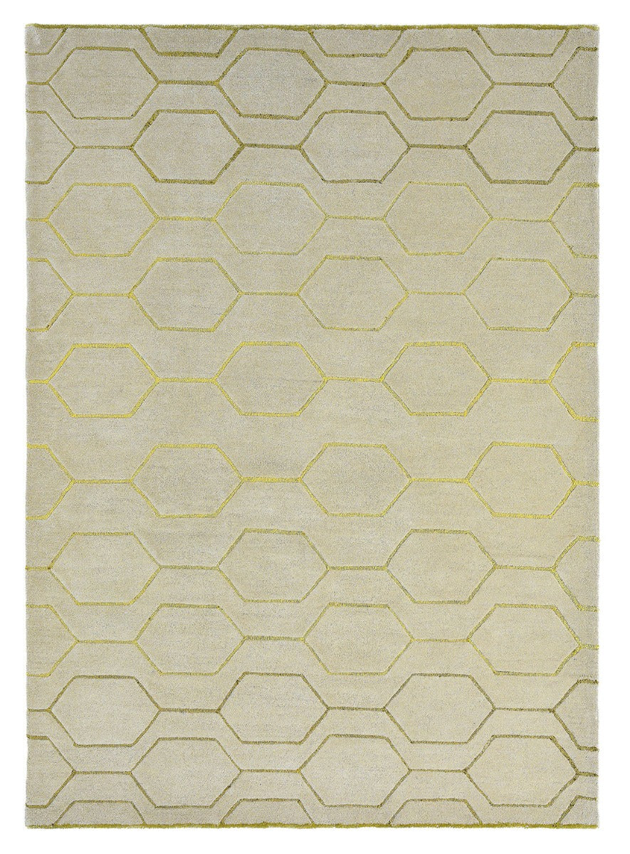 Rectangular grey rug with repeat gold hexagon pattern