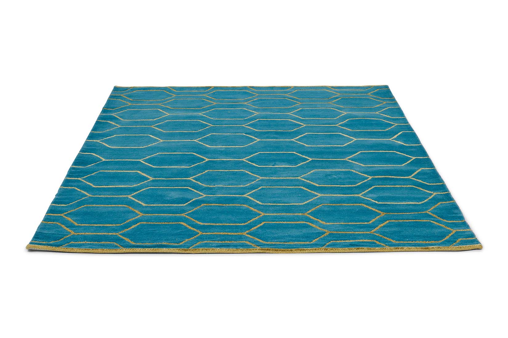 Rectangular teal green rug with repeat gold hexagon pattern