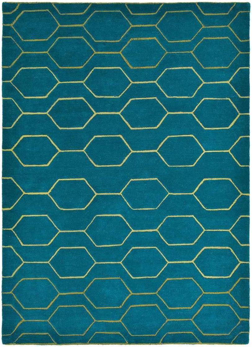 Rectangular teal green rug with repeat gold hexagon pattern