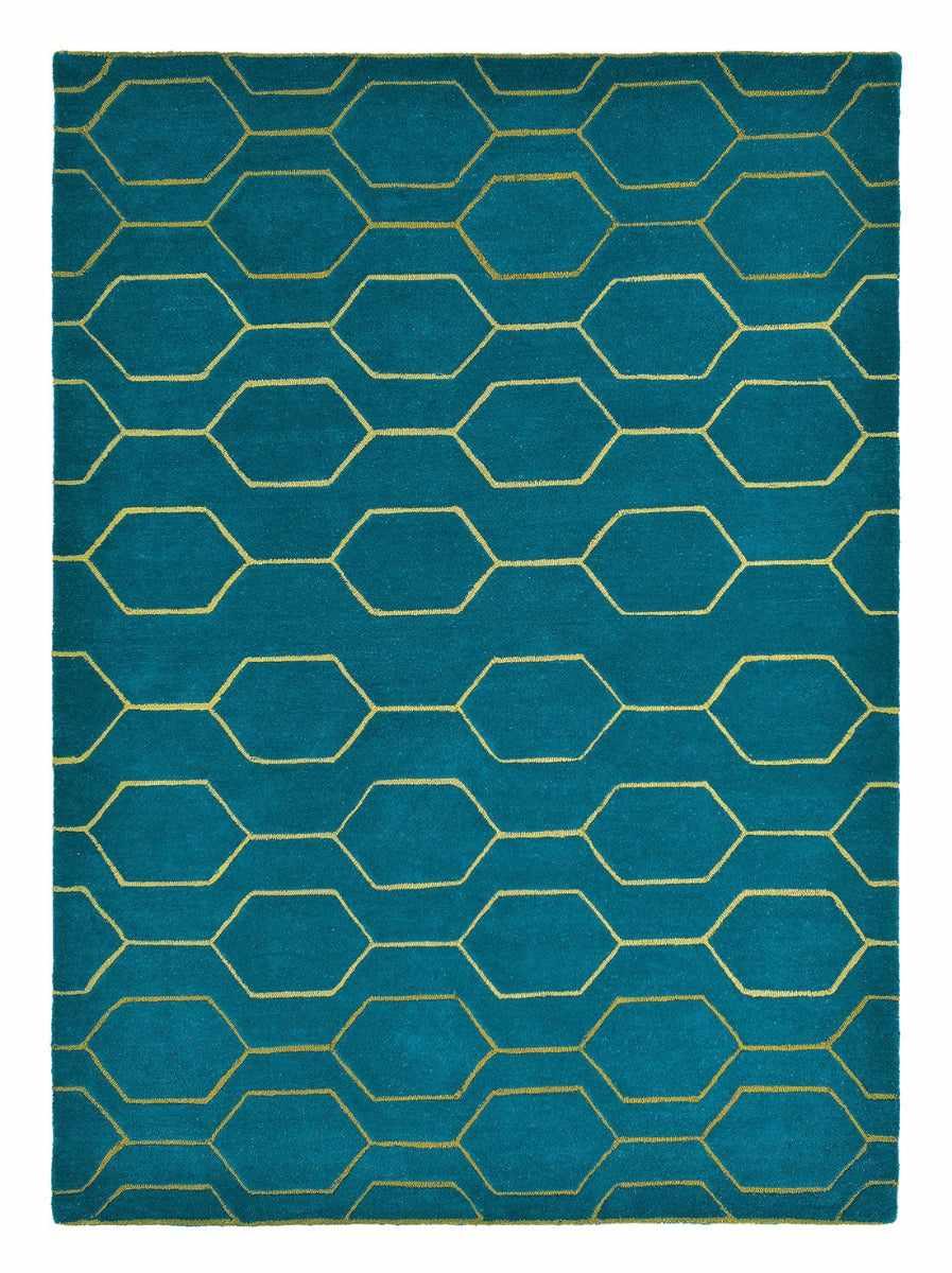 Rectangular teal green rug with repeat gold hexagon pattern