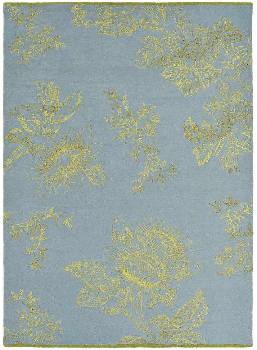 Rectangular blue rug with gold floral design