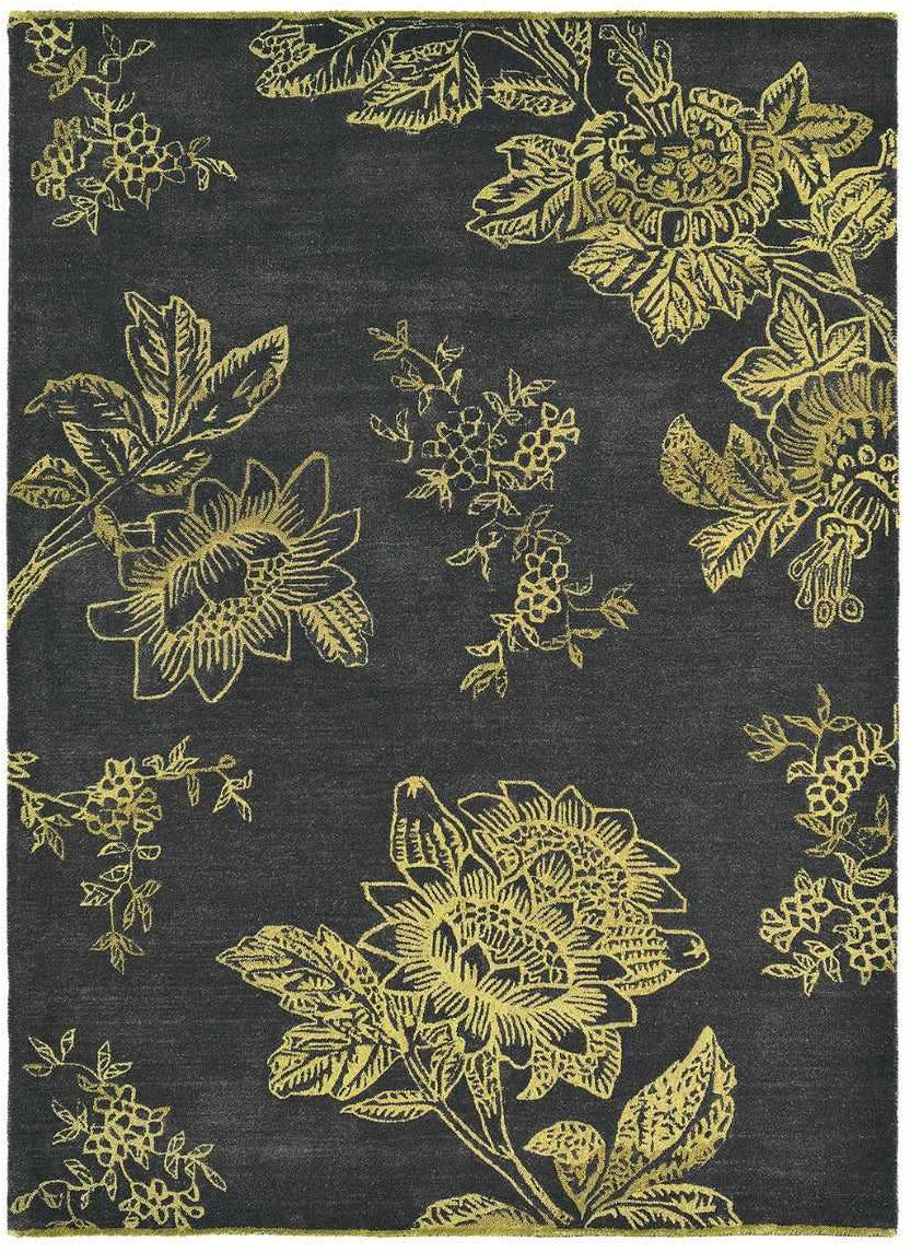 Rectangular black rug with gold floral design