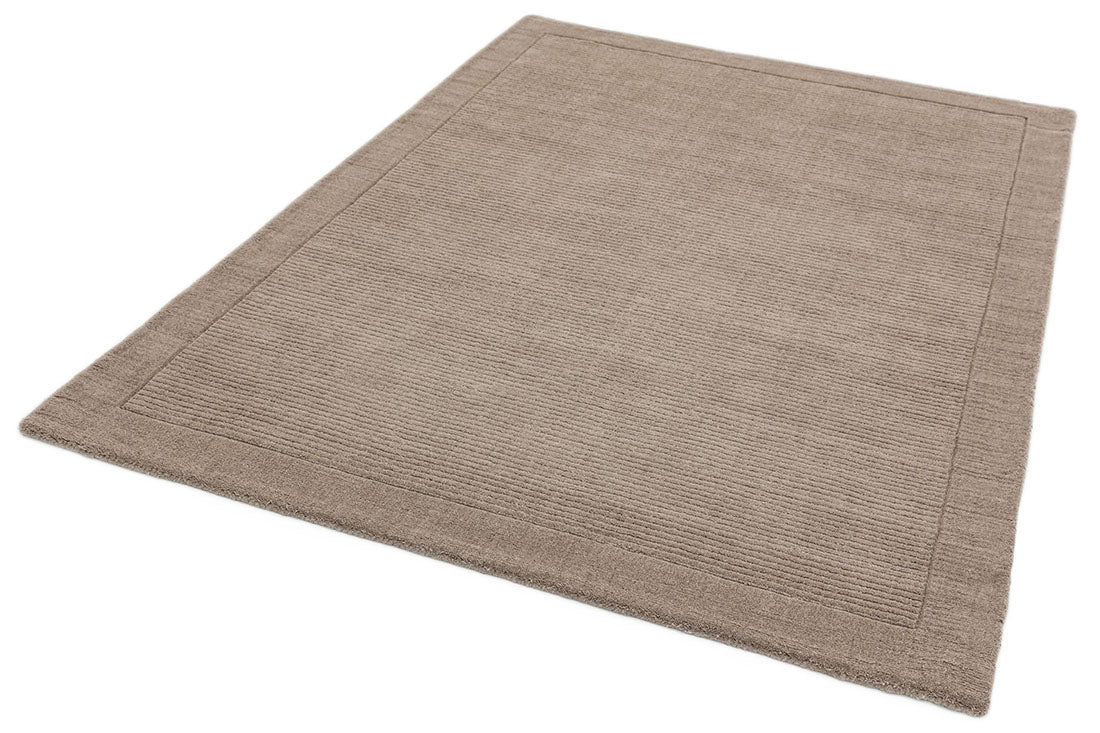 A taupe brown rectangle-shaped wool rug with thin border.