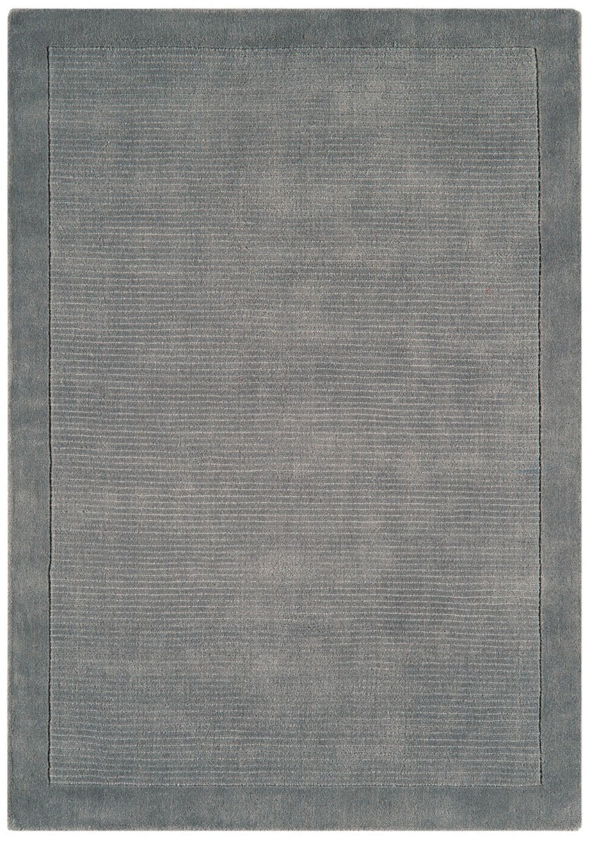 A plain grey rectangle-shaped wool rug with thin border.