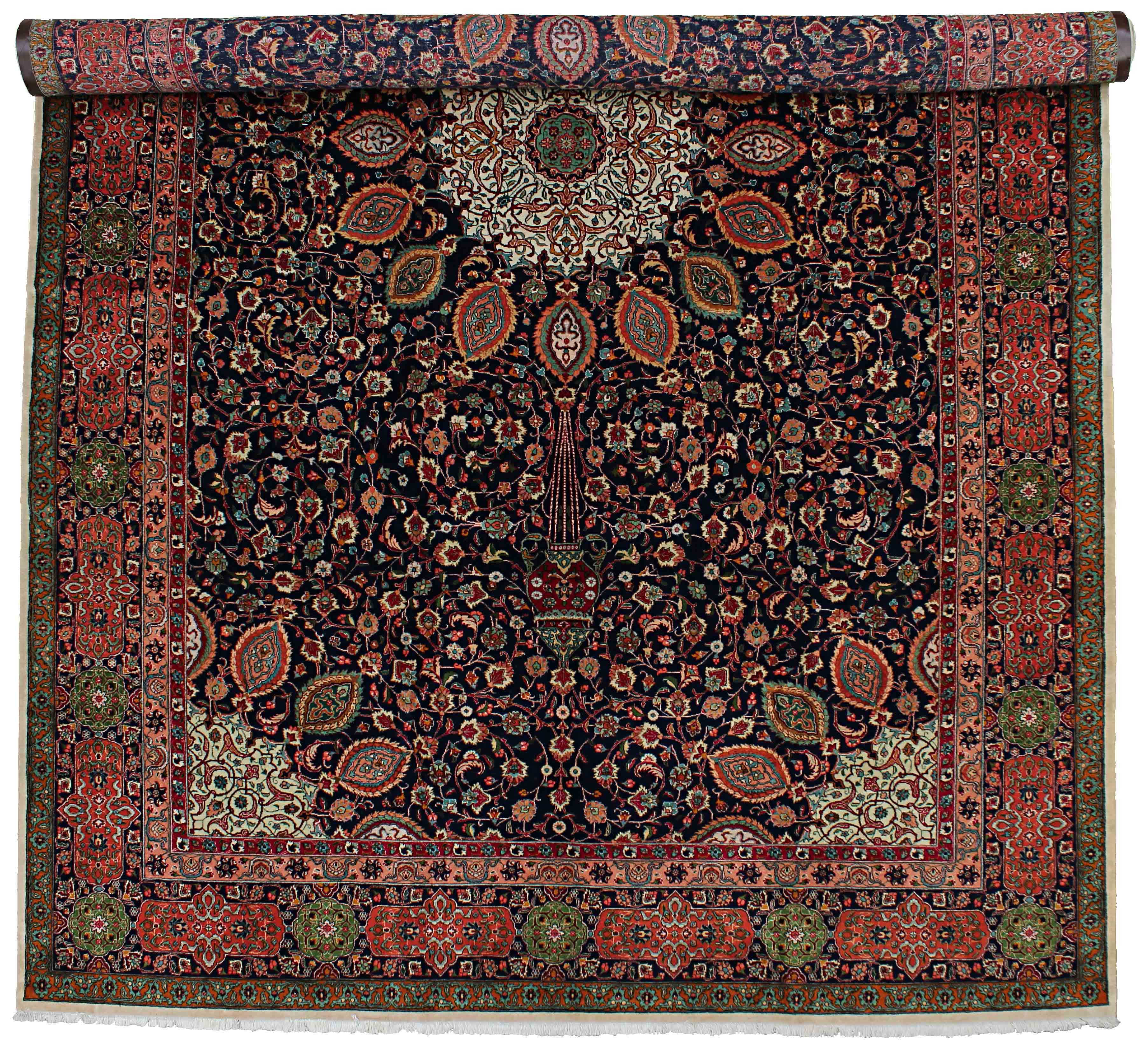 green persian rug with figural design