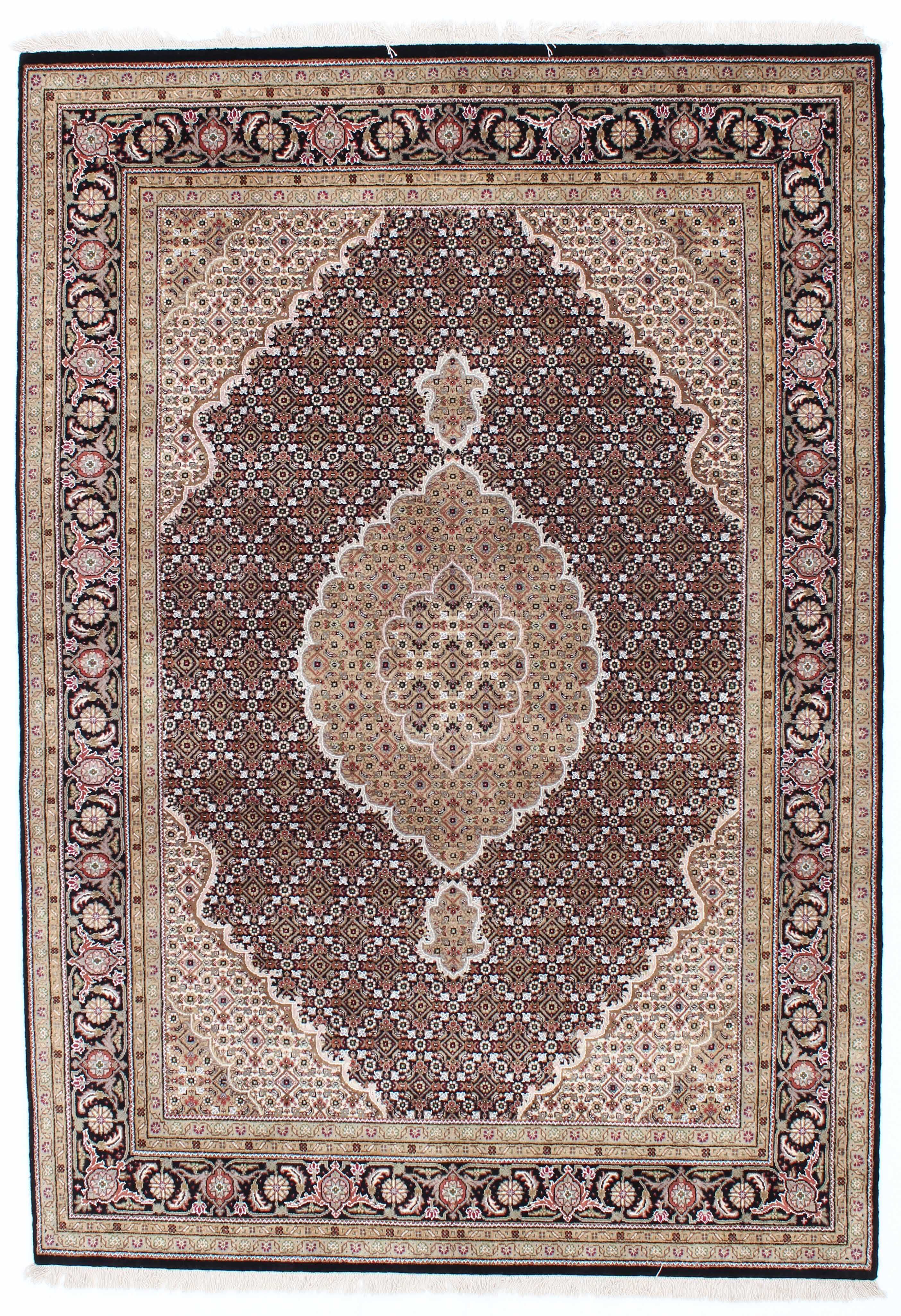 Authentic Oriental rug with traditional geometric and floral design in red, grey, black and beige.