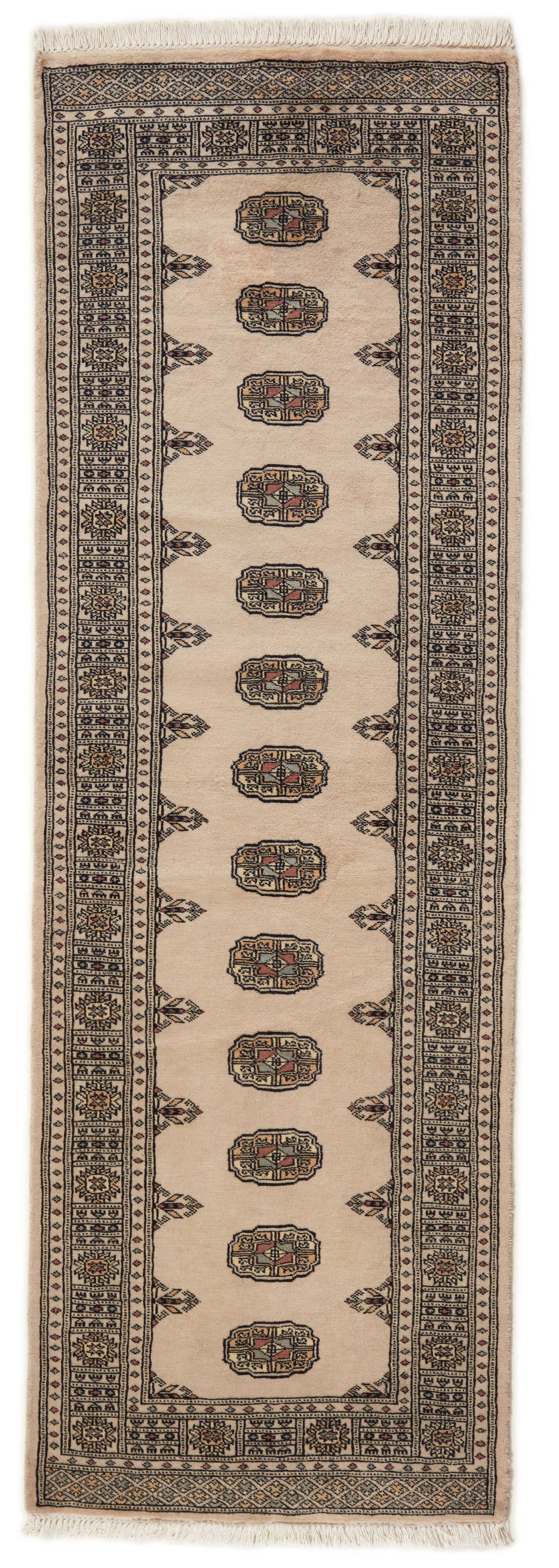 Beige Oriental runner with traditional bordered pattern