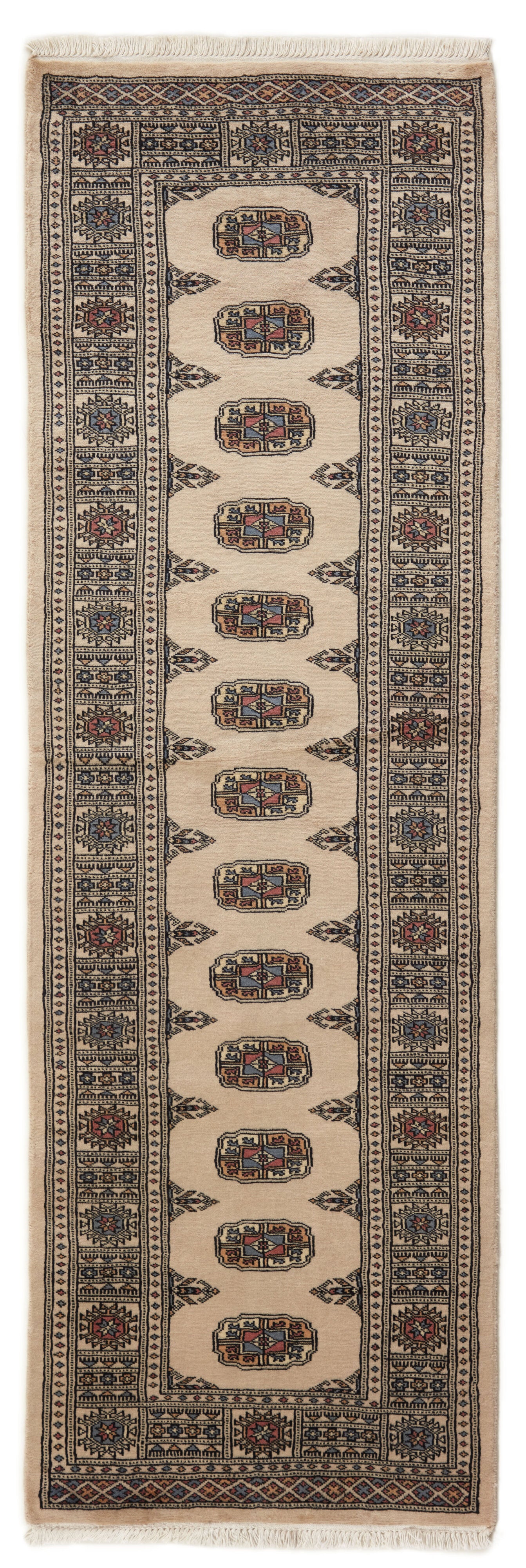 Beige Oriental runner with traditional bordered pattern