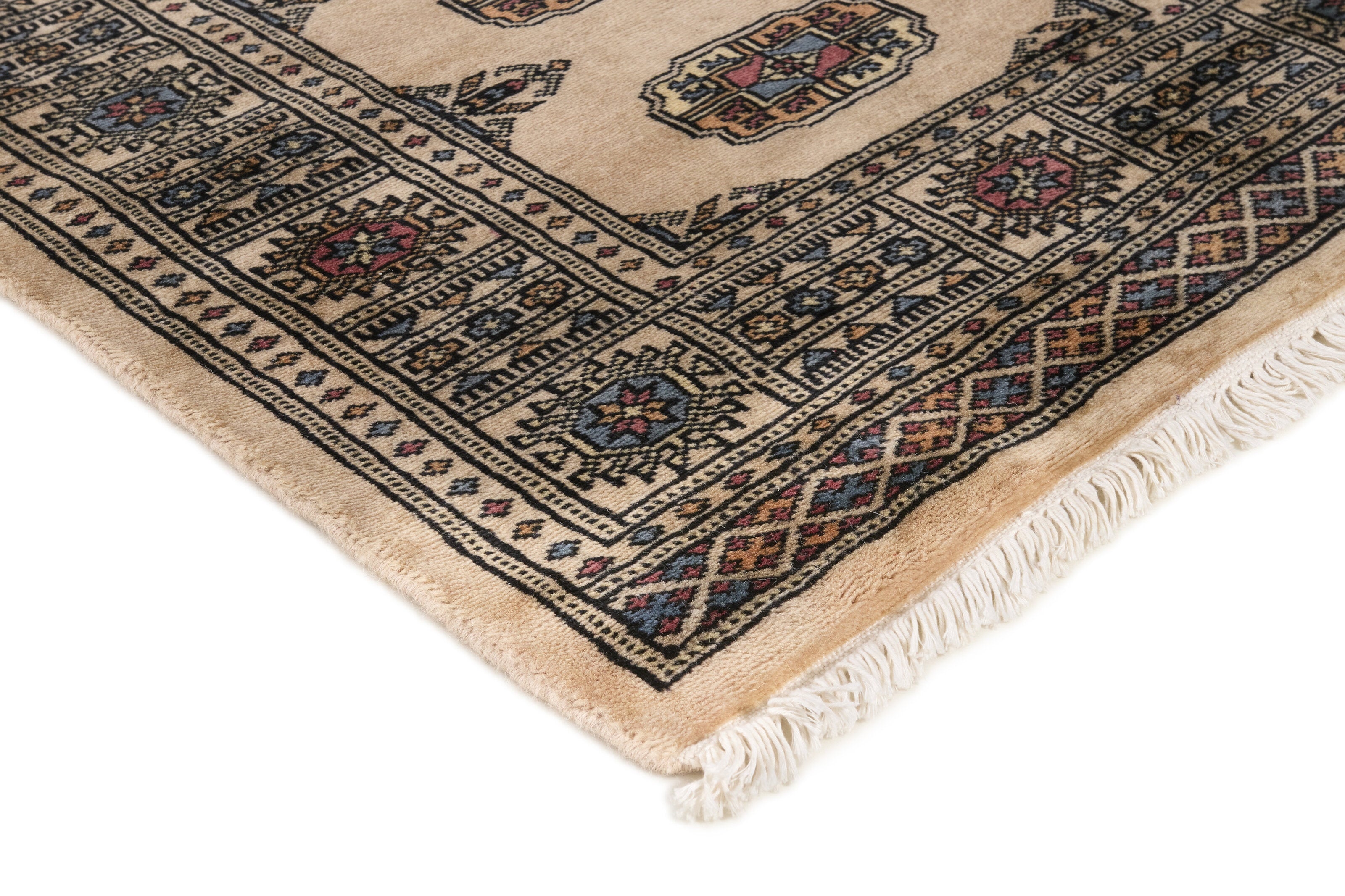 Beige Oriental runner with traditional bordered pattern