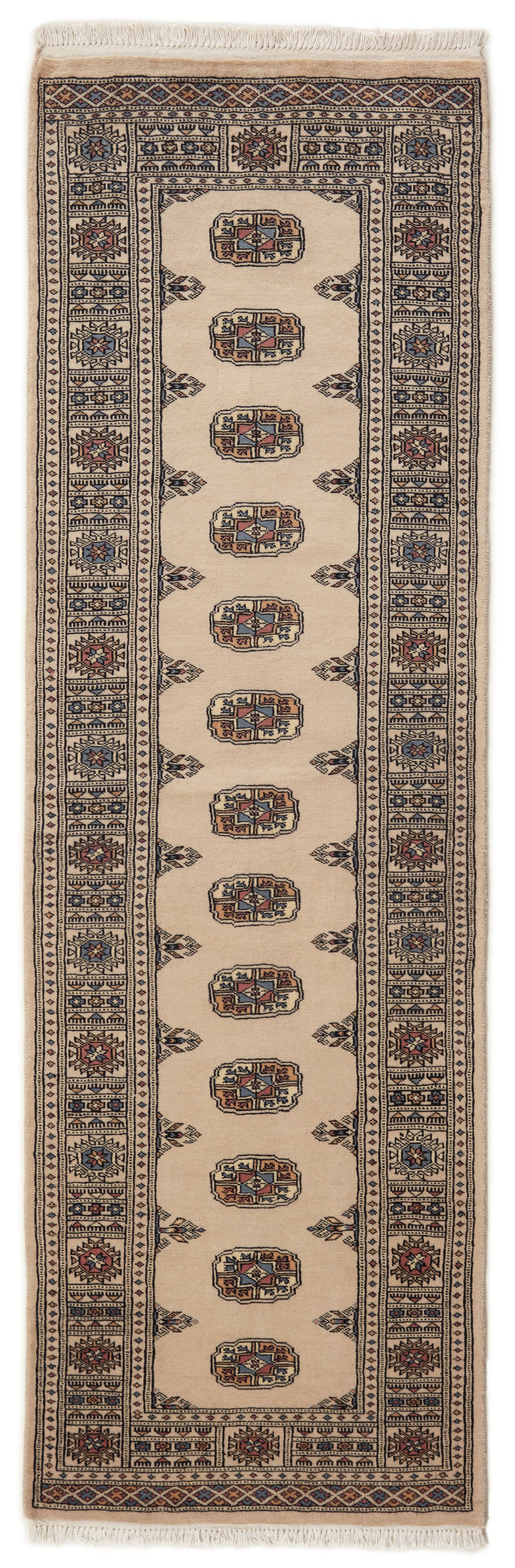 Beige Oriental runner with traditional bordered pattern