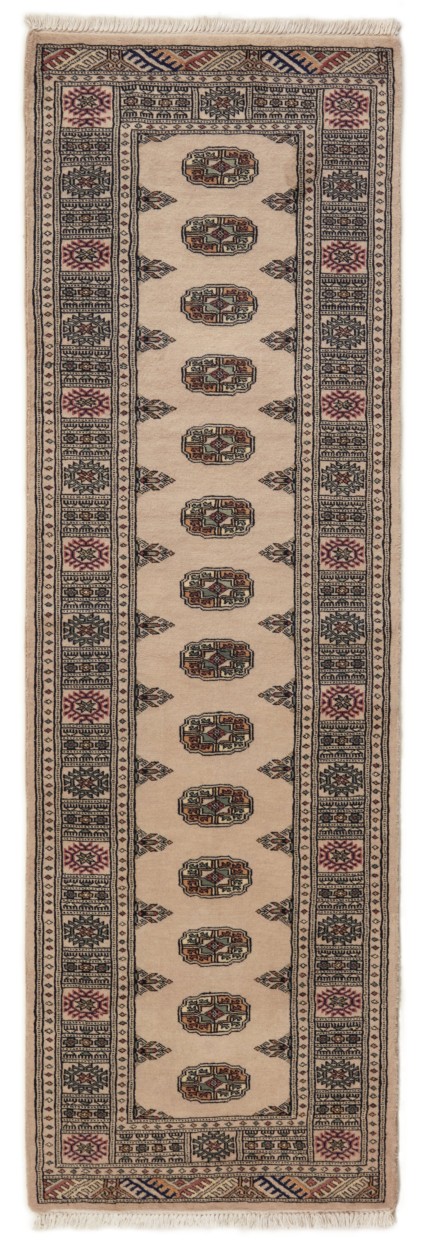 Beige Oriental runner with traditional bordered pattern