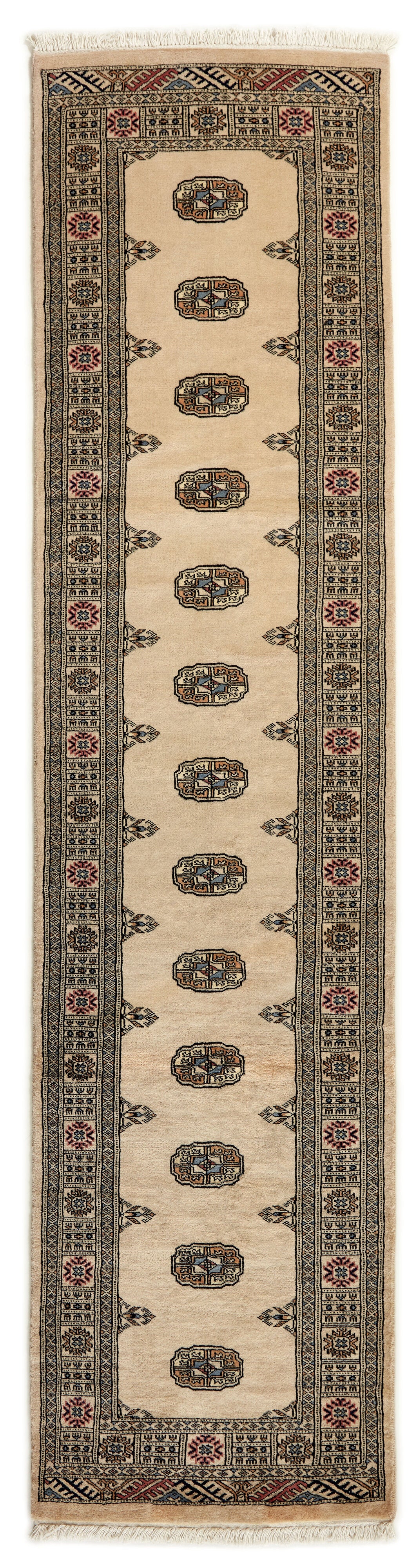 Beige Oriental runner with traditional bordered pattern