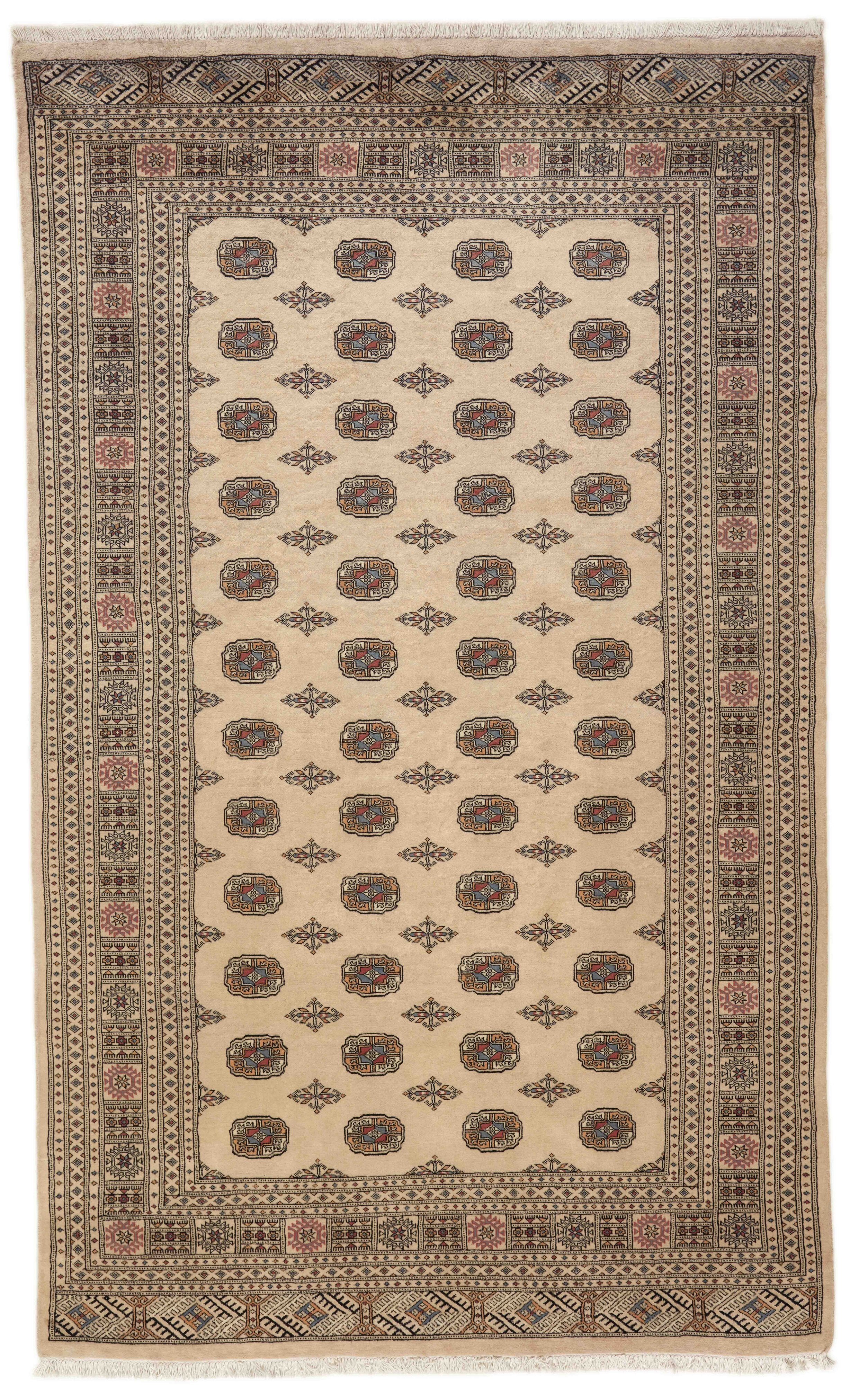 Beige Oriental rug with traditional bordered pattern