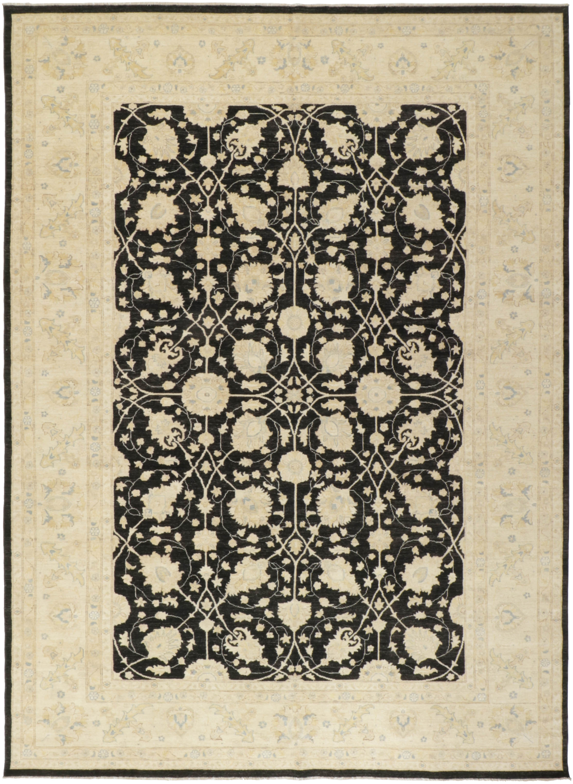 Authentic oriental rug with delicate floral pattern in black and ivory