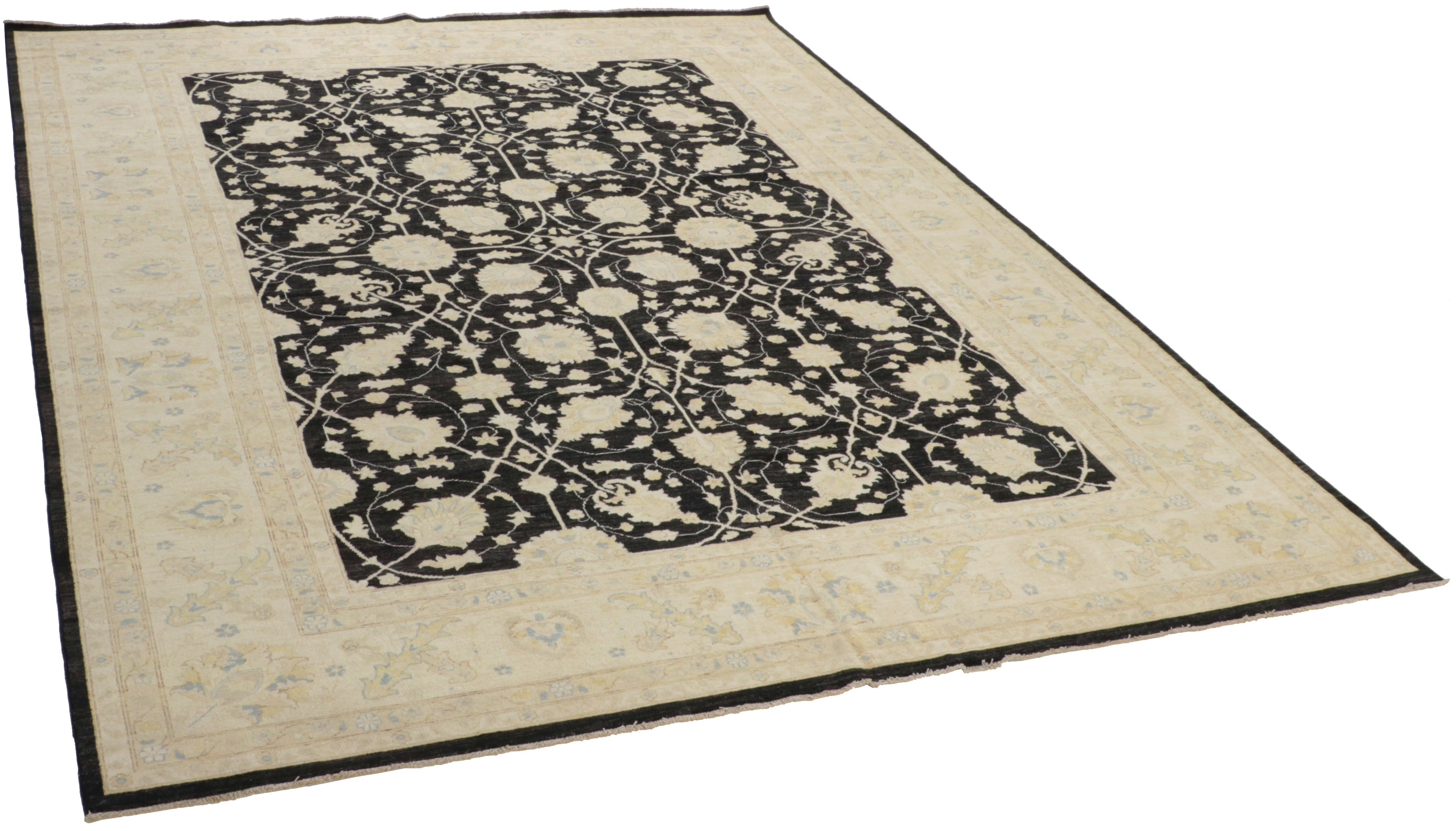 Authentic oriental rug with delicate floral pattern in black and ivory