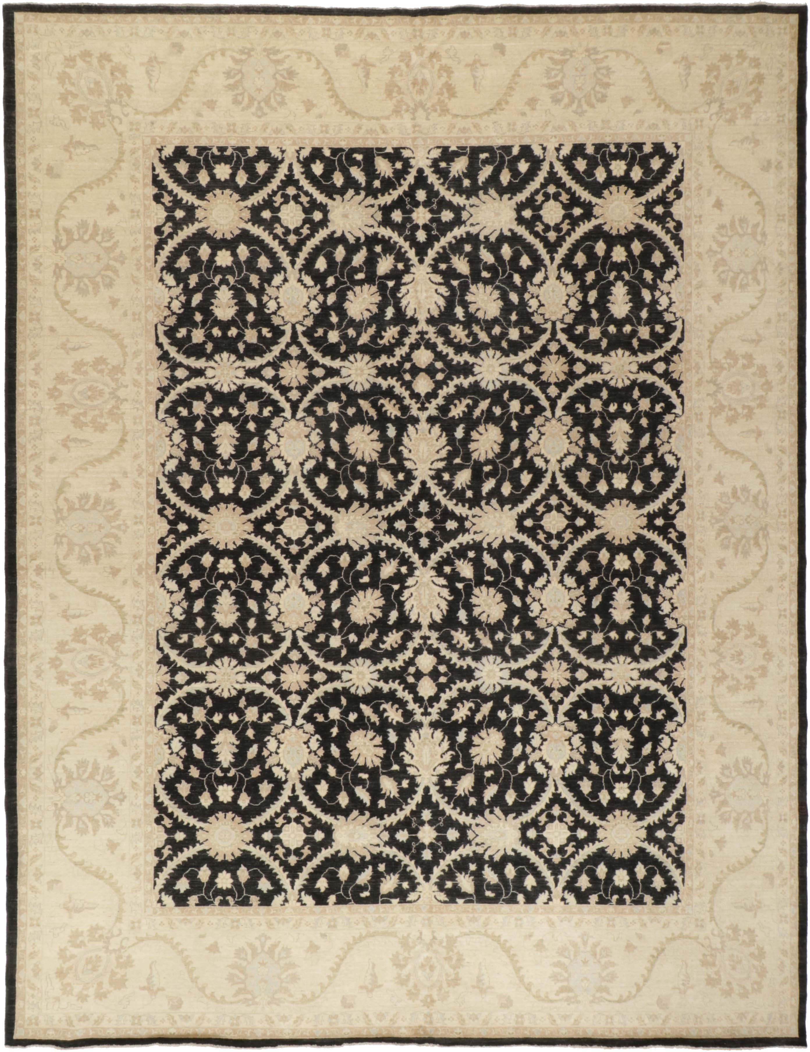 Authentic oriental rug with delicate floral pattern in beige and black
