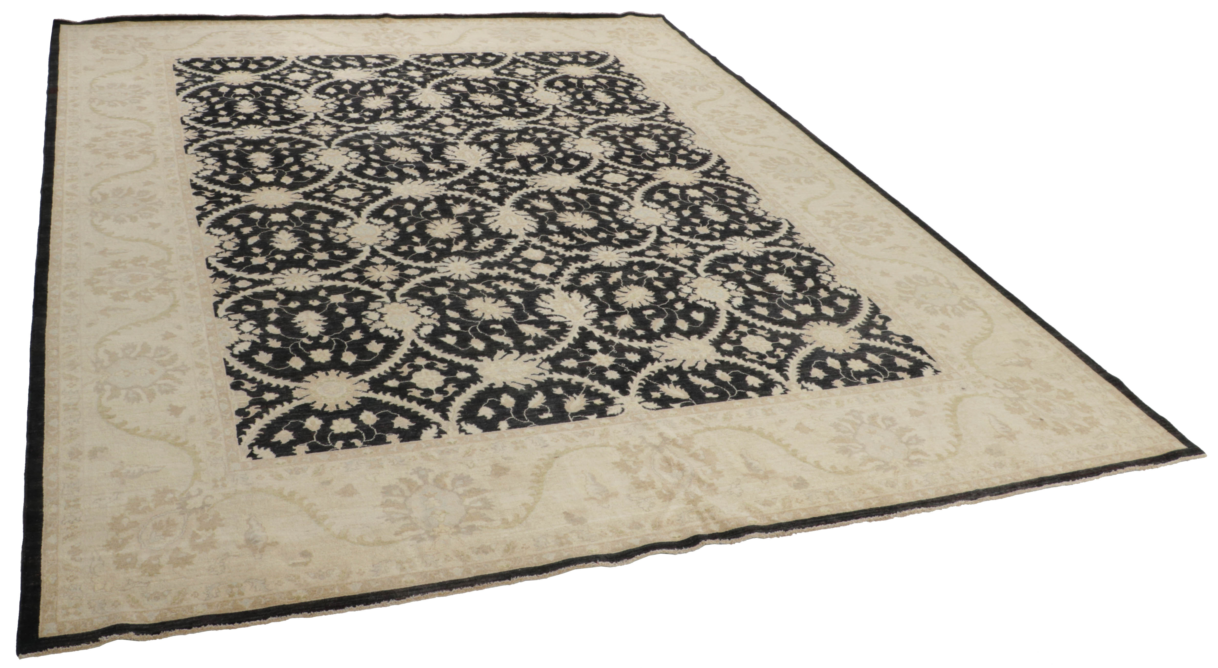 Authentic oriental rug with delicate floral pattern in beige and black