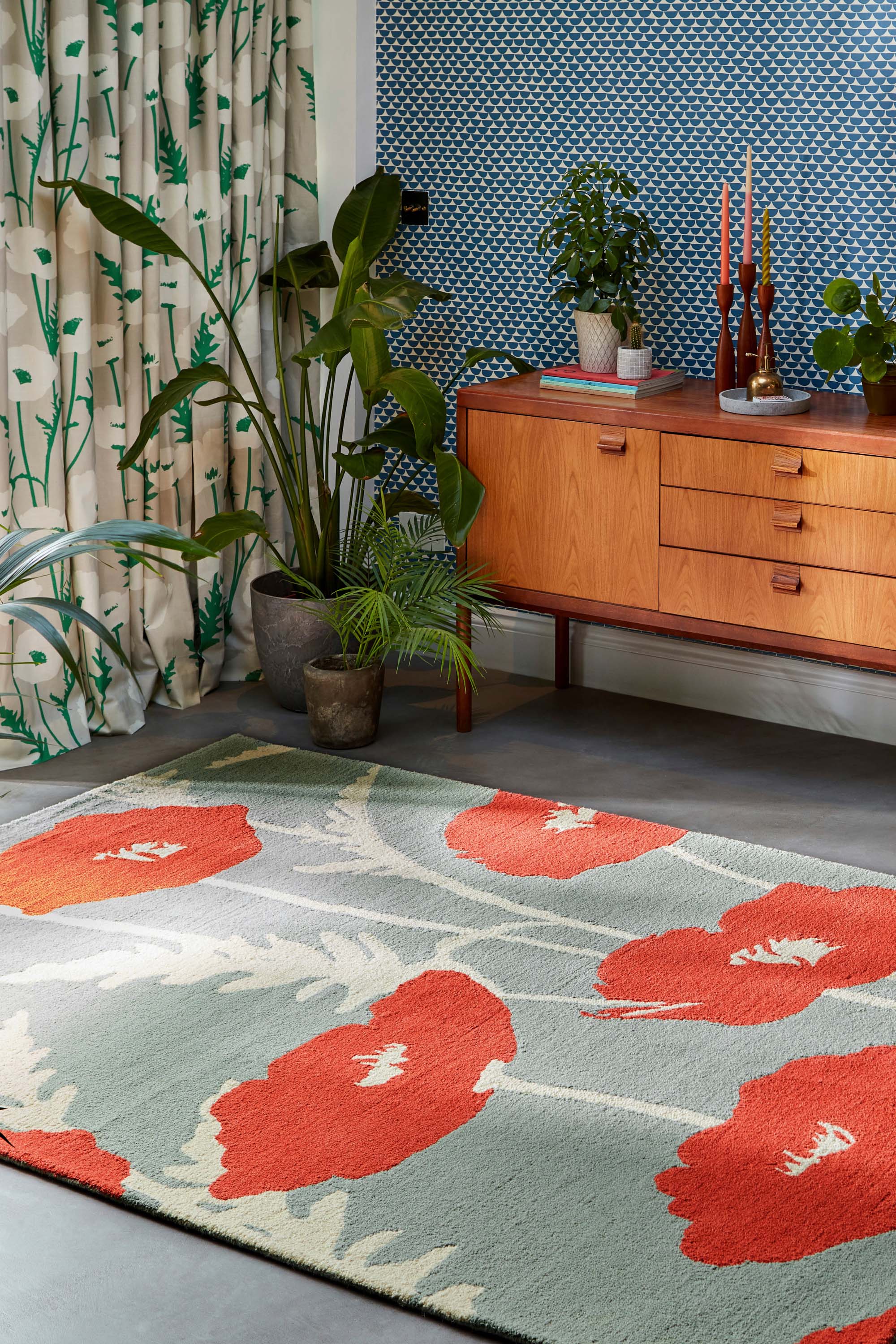 floral wool rug in red and sage.