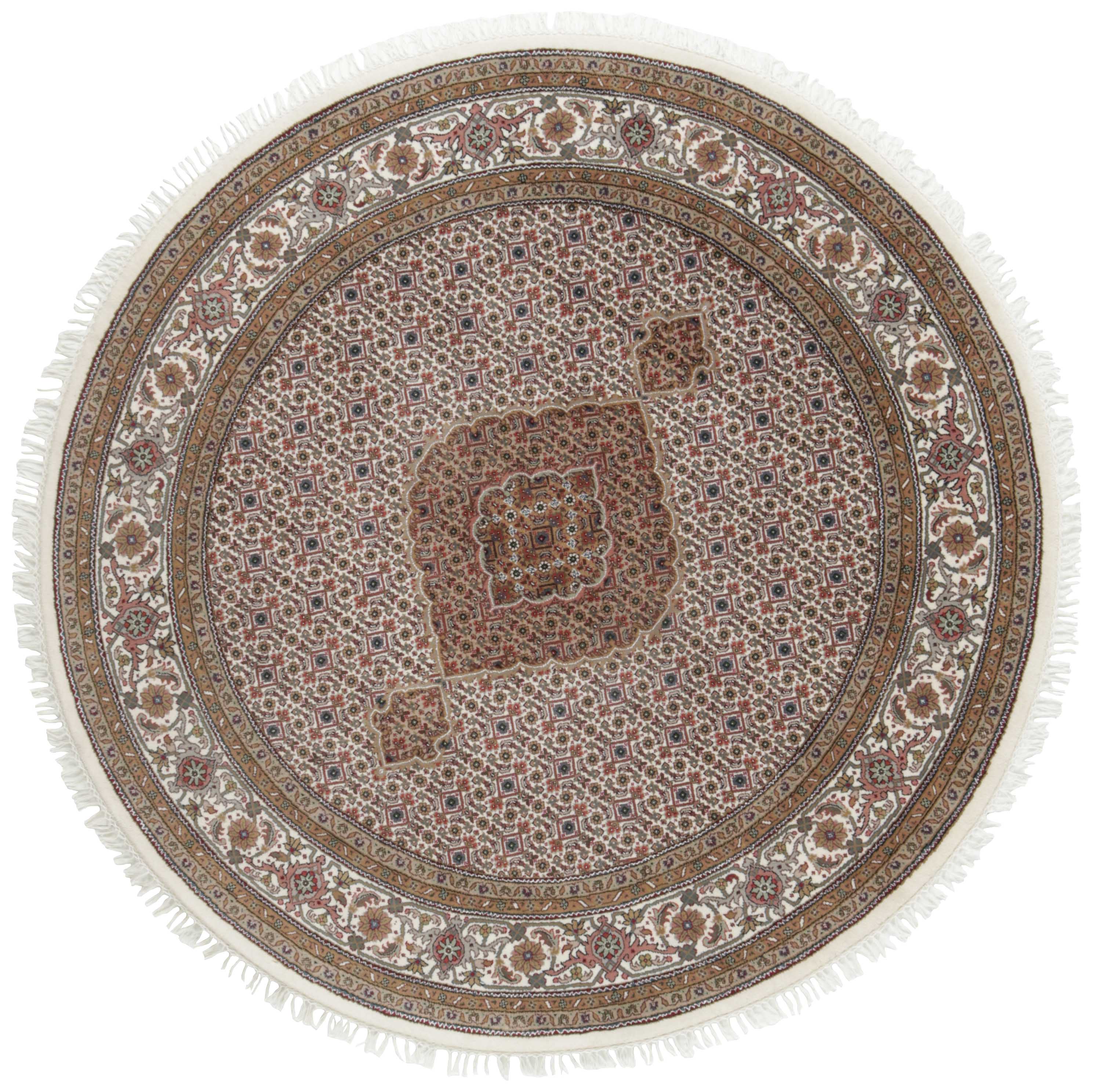 round Oriental rug with traditional geometric and floral design in black and beige