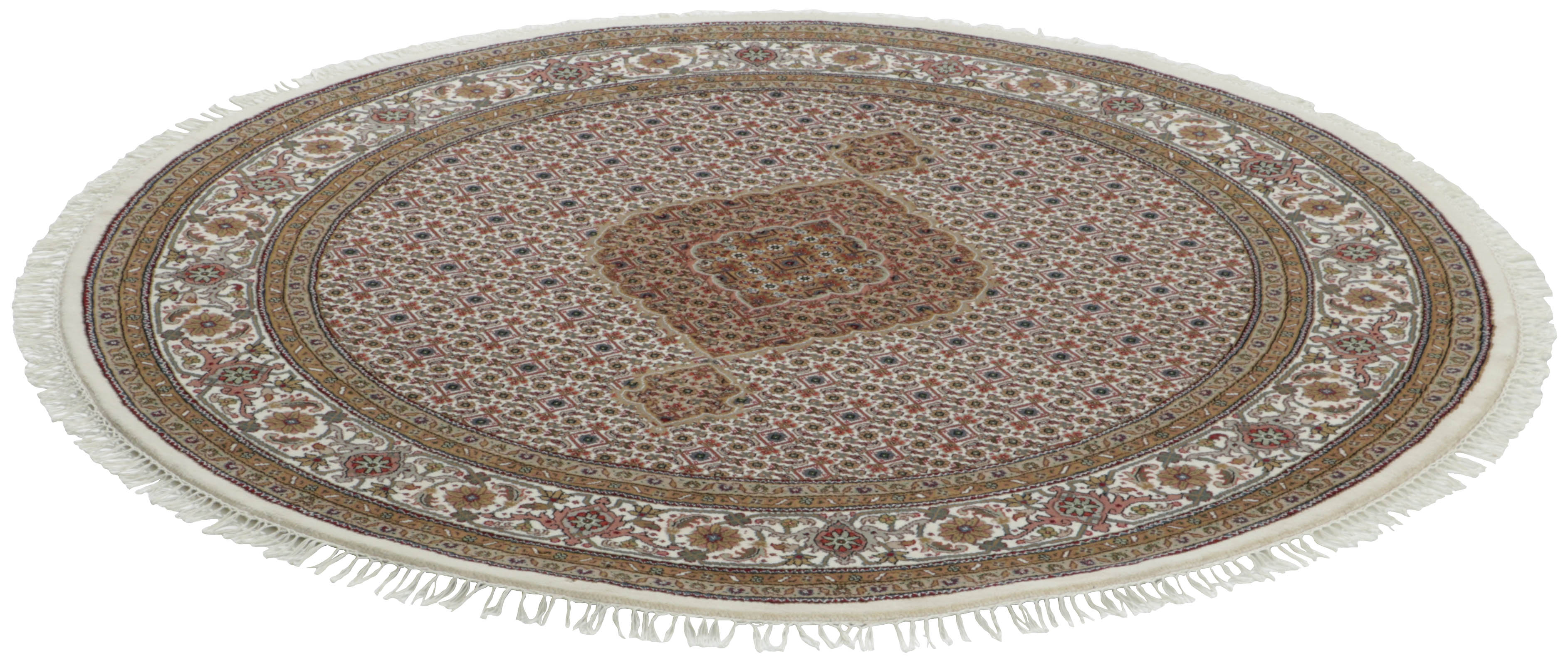 round Oriental rug with traditional geometric and floral design in black and beige