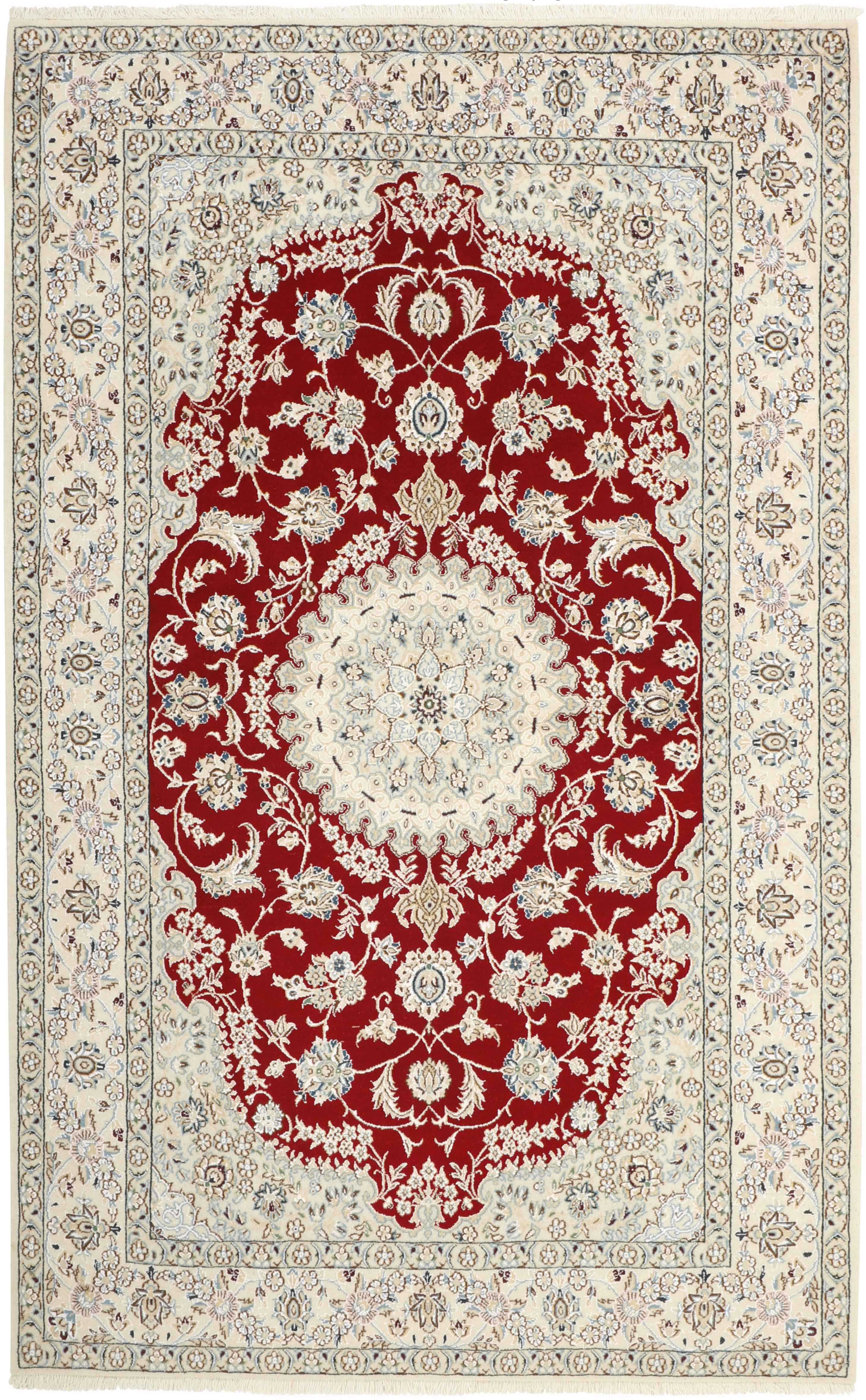 Authentic oriental rug with traditional floral design in ivory and red
