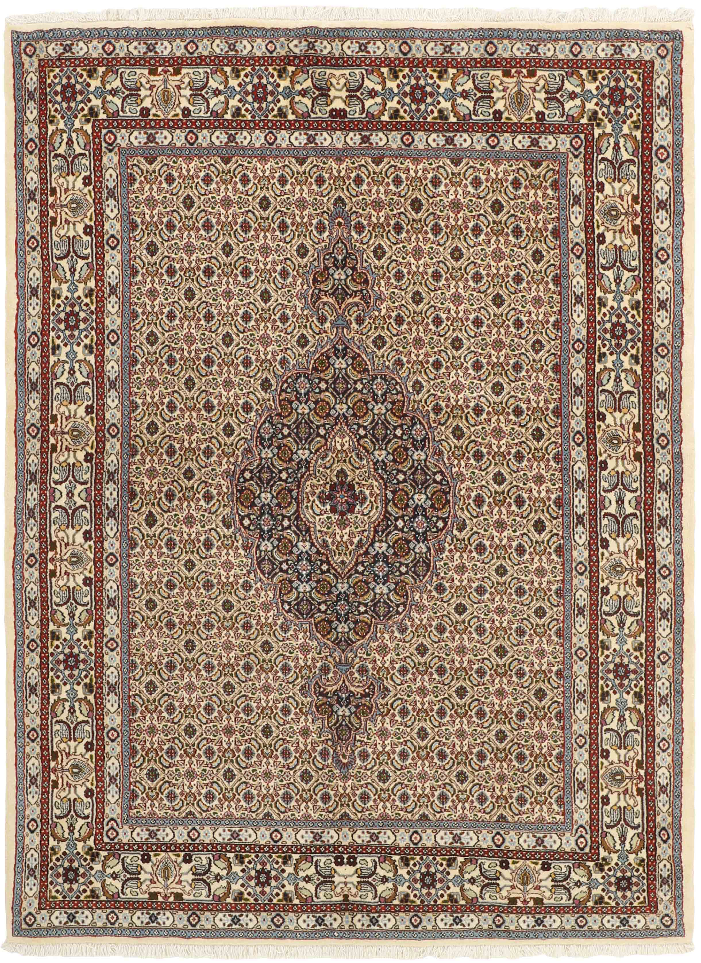 multicolour persian rug with traditional floral pattern in cream, blue and red