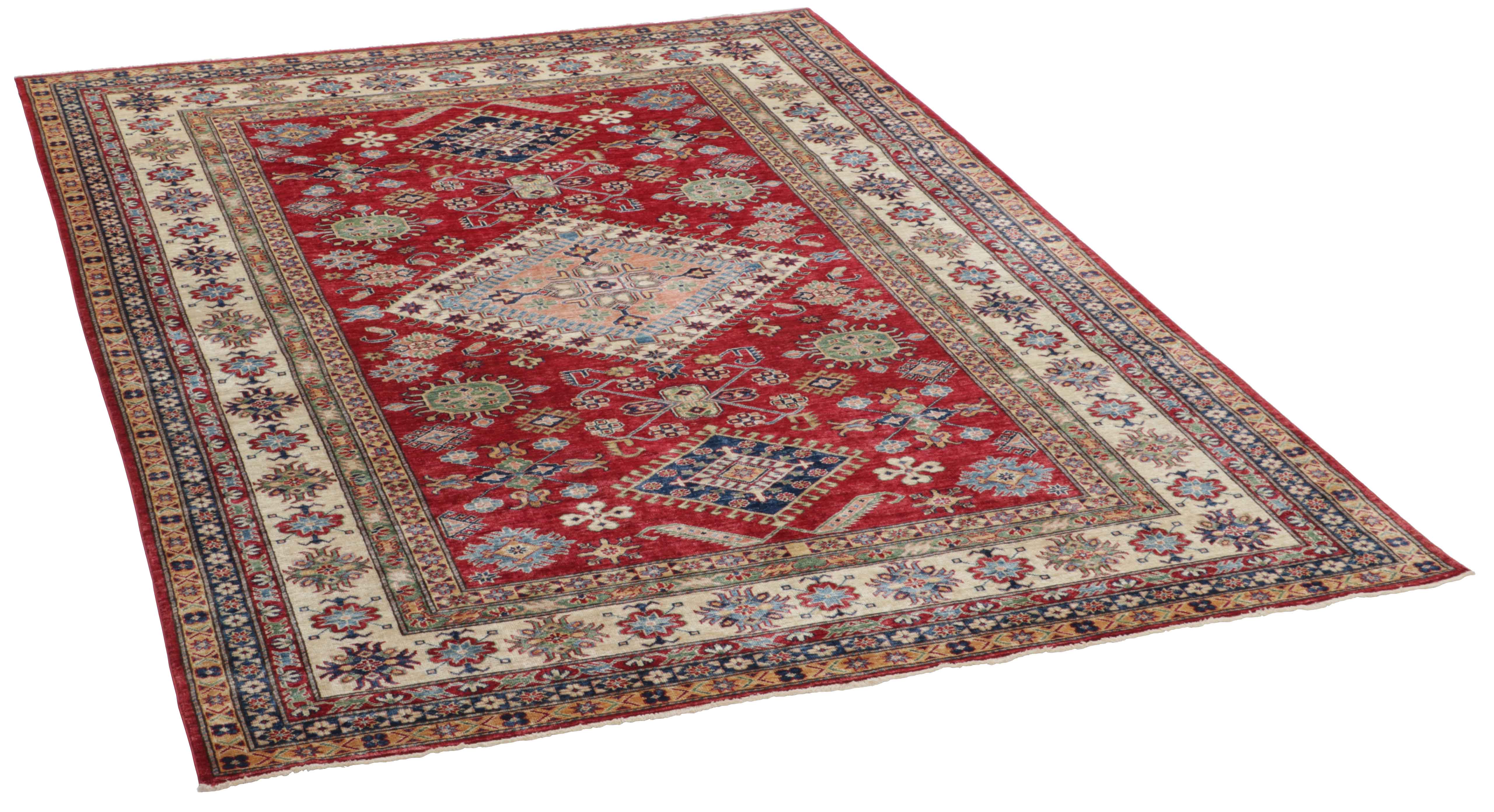 Authentic oriental rug with red and beige traditional geometric design