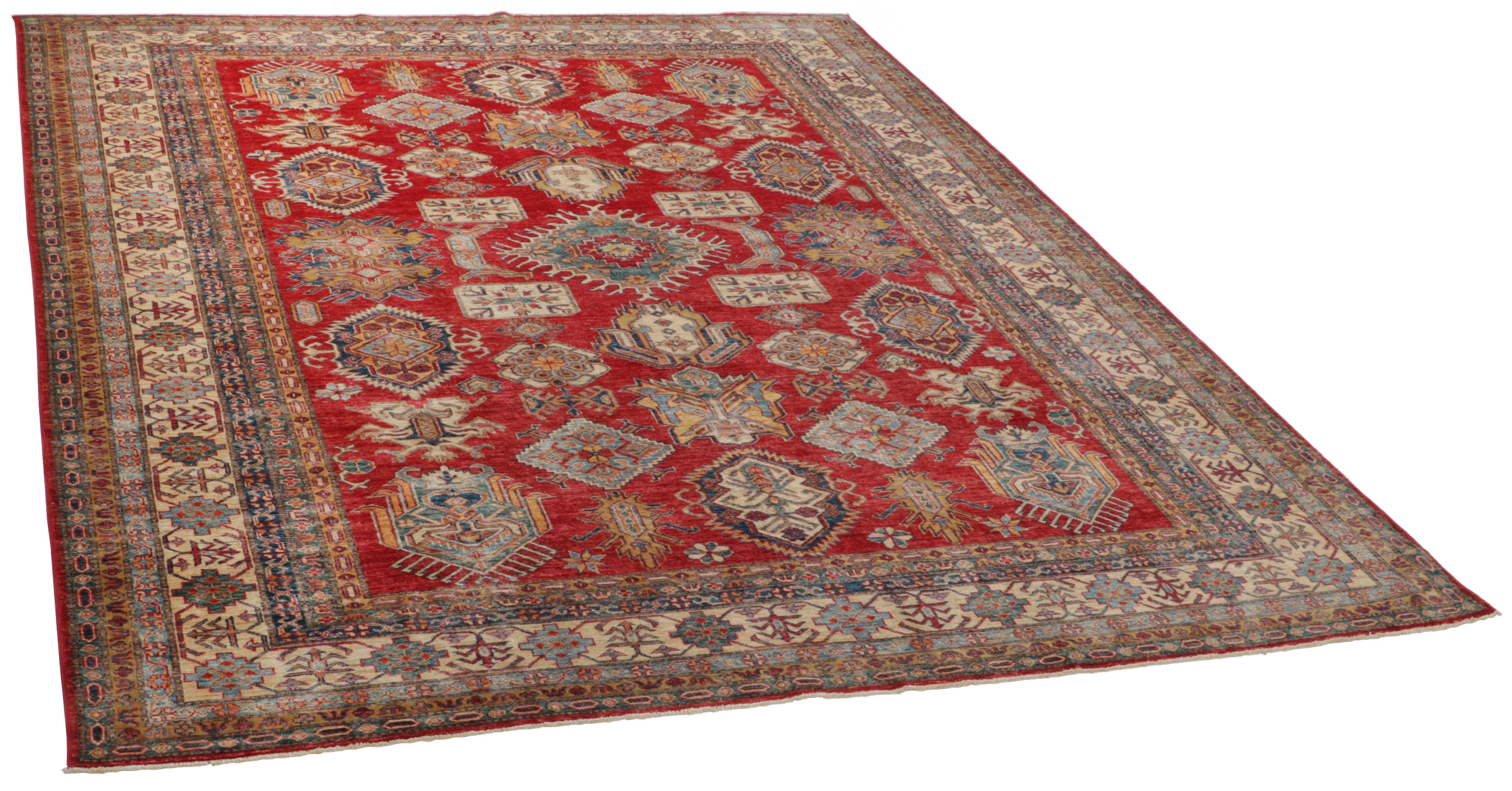 Authentic oriental rug with red and beige traditional geometric design