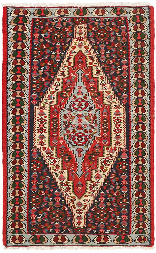 Authentic persian kelim flatweave rug with traditional geometric floral design in beige, red and blue