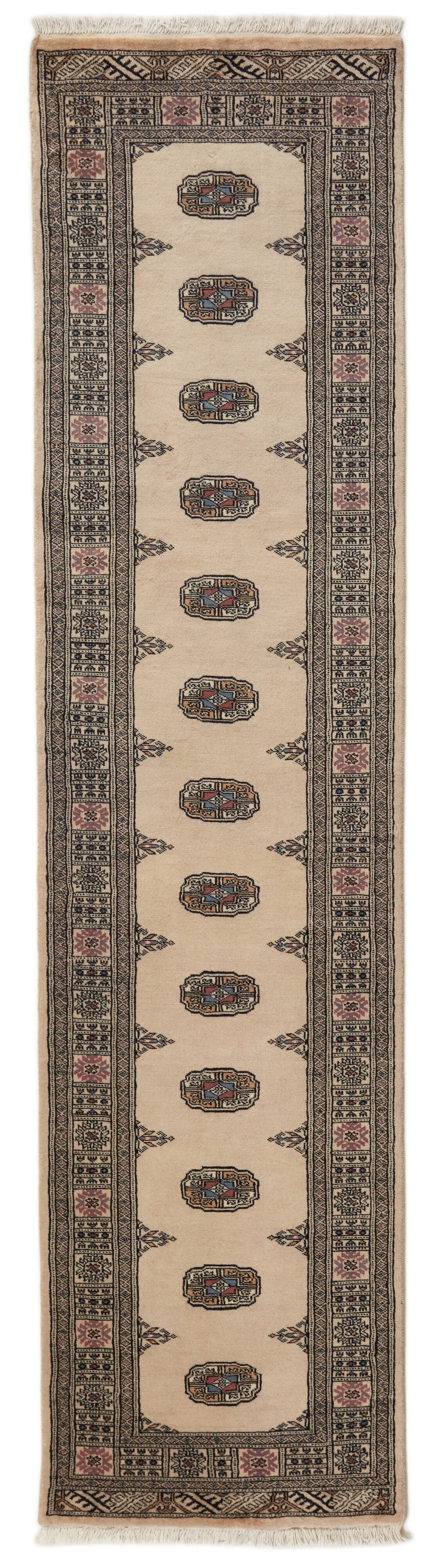 Beige Oriental runner with traditional bordered pattern