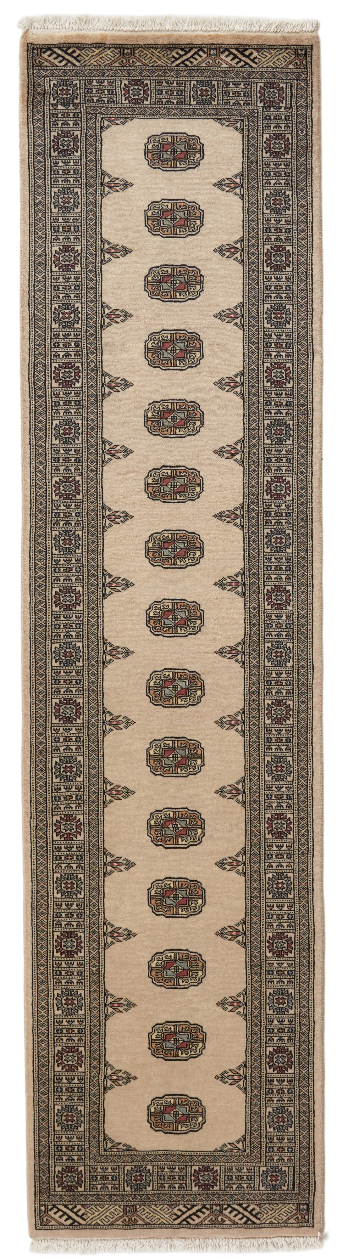 Beige Oriental runner with traditional bordered pattern