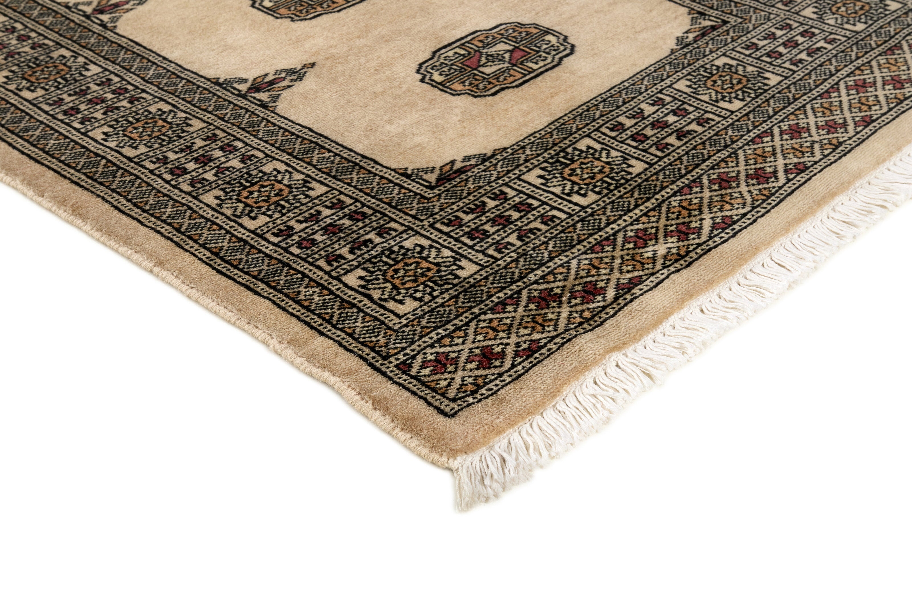 Beige Oriental runner with traditional bordered pattern