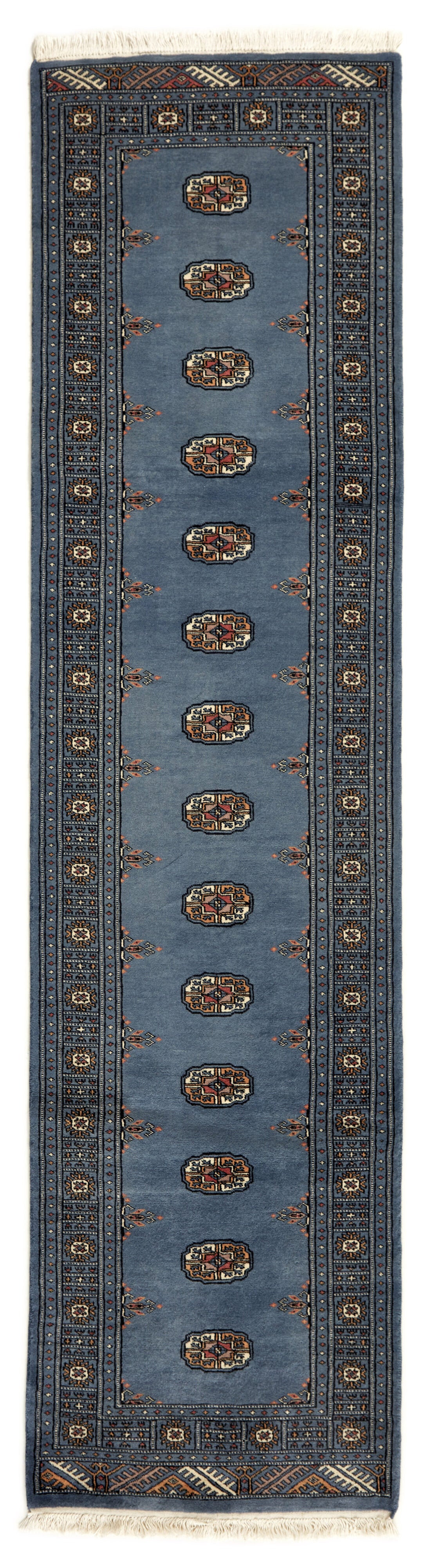 Blue Oriental runner with traditional bordered pattern