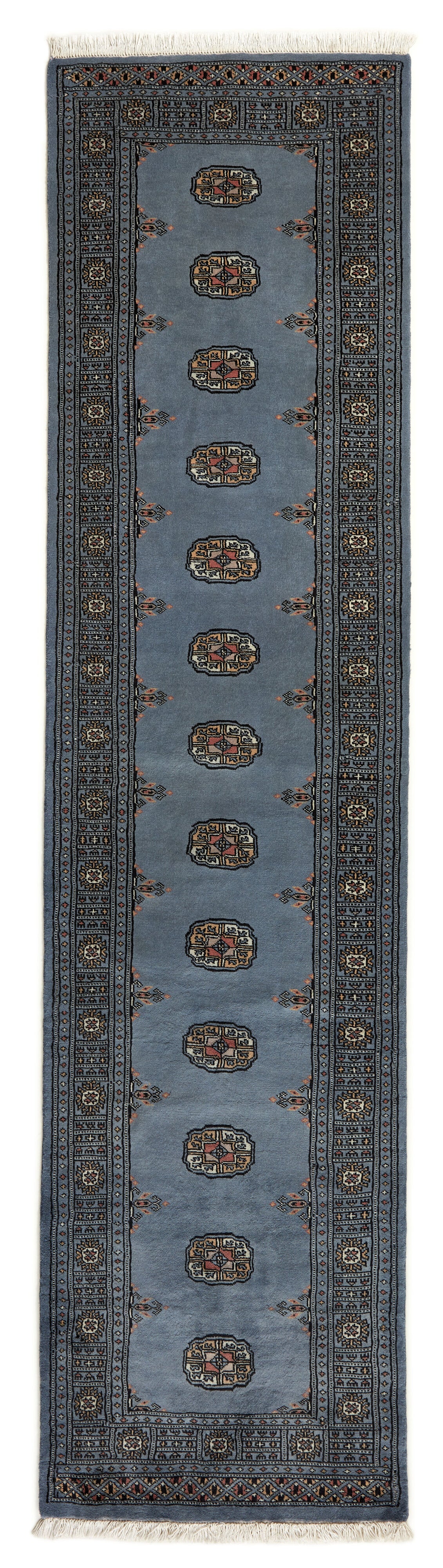 Blue Oriental runner with traditional bordered pattern