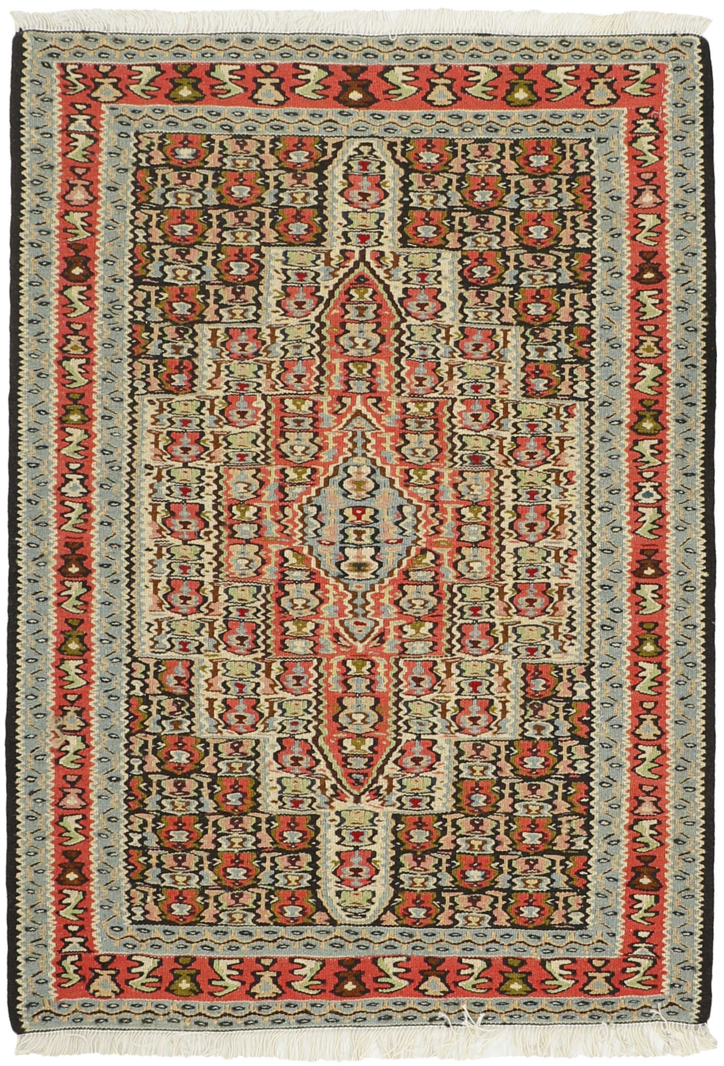 Authentic persian kelim flatweave rug with traditional geometric design in blue, red and cream