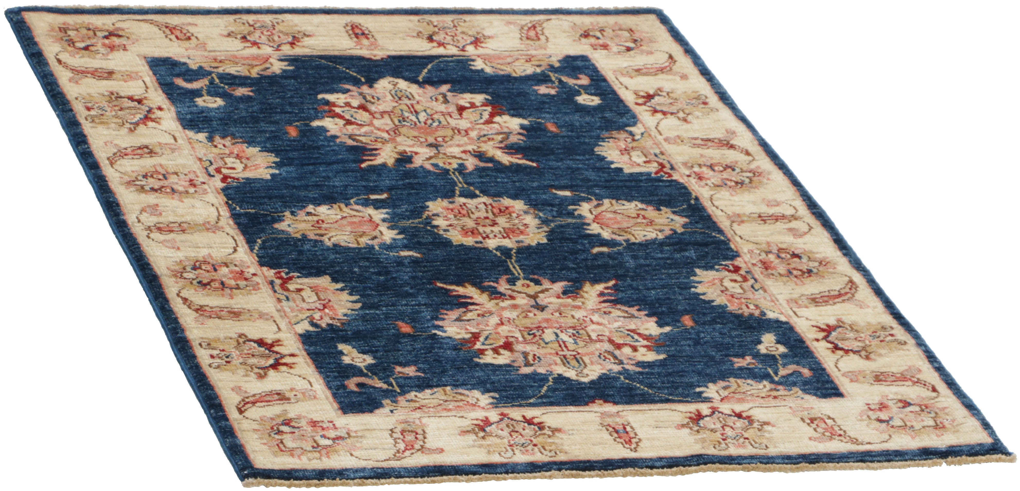 oriental rug with blue and beige floral pattern