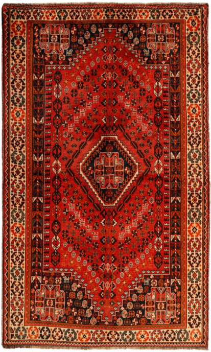 Handknotted Persian rug in vibrant shades of red with intricate motifs
