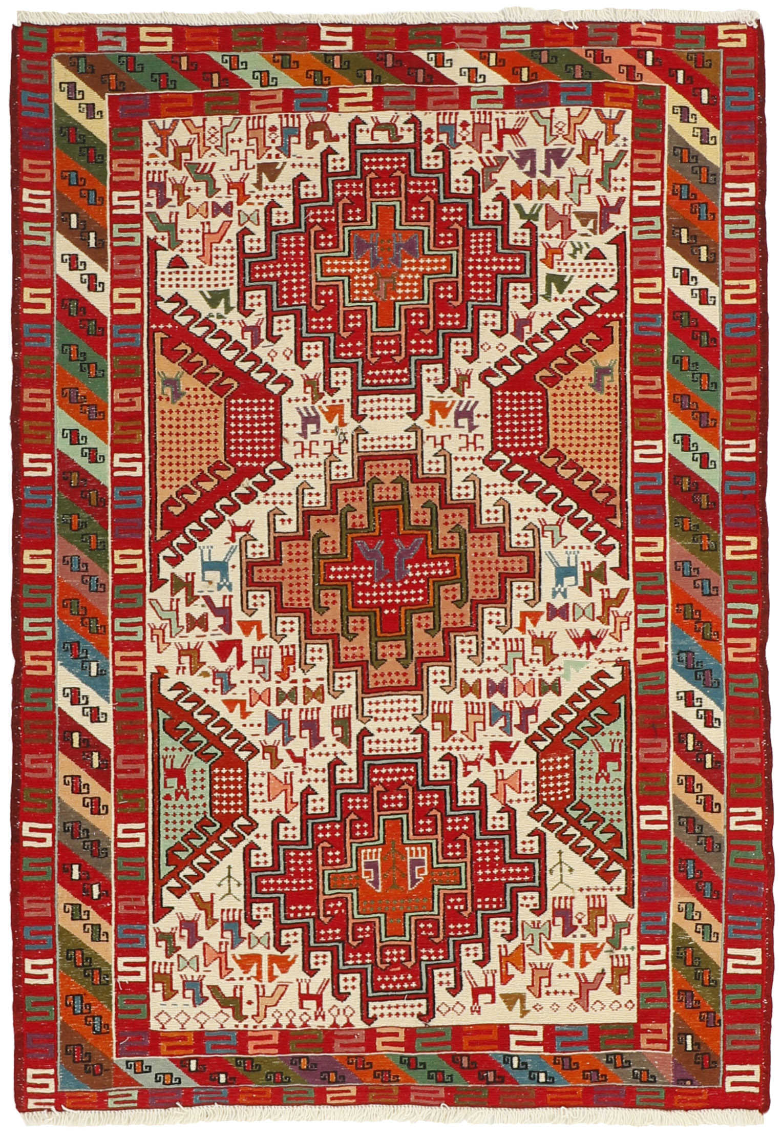 Red traditional Soumak rug with multicolour animal pattern