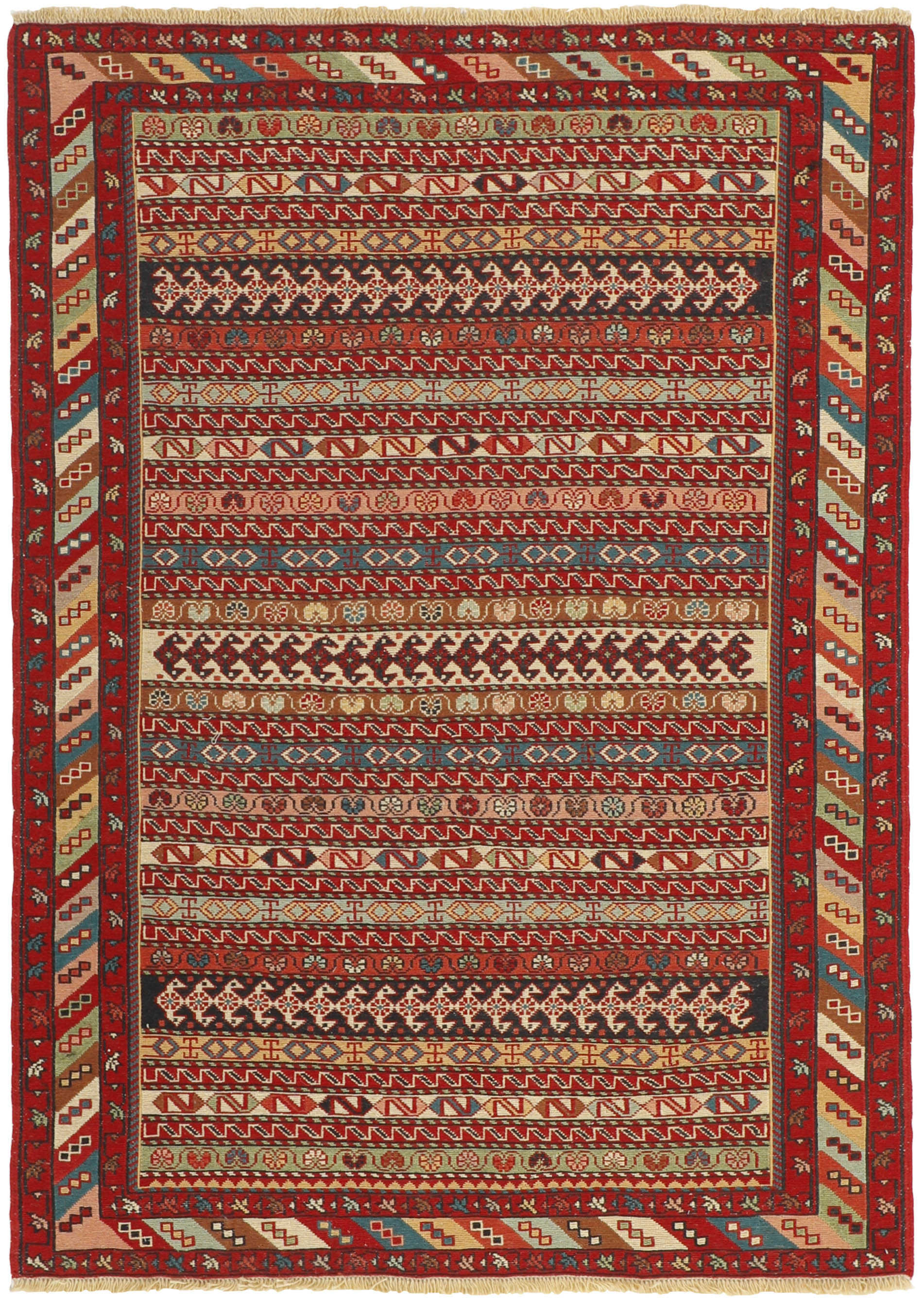 Bordered red Soumak rug with multicolour pattern

