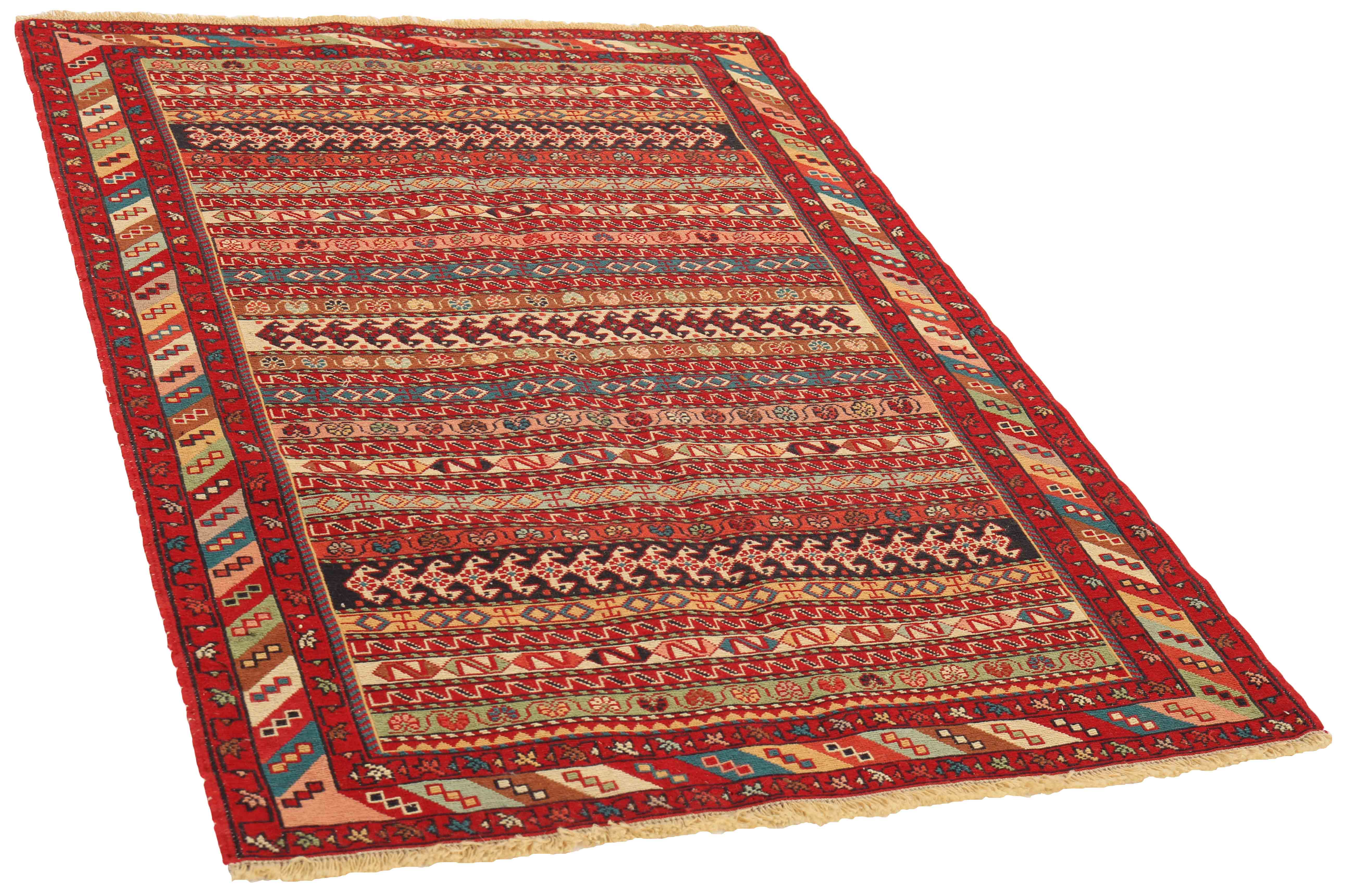 Bordered red Soumak rug with multicolour pattern
